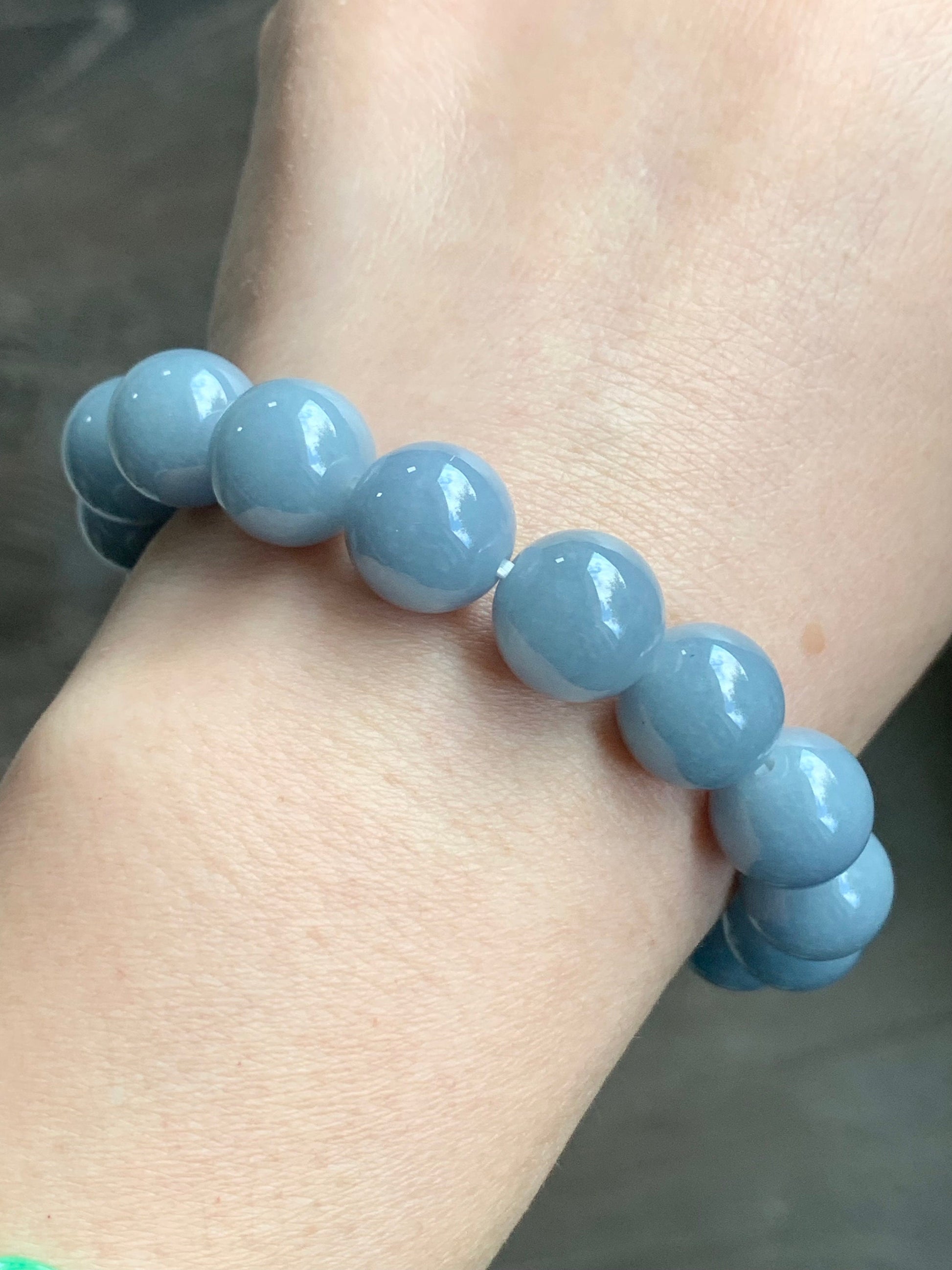 LARGE Certified Natural Guatemalan A Graded Icy Translucent Light Blue Jadeite Beaded Bracelet Stretchy 12mm 7.5" 50g 天然冰危淡蓝紫翡翠大卡圆珠手串 7084