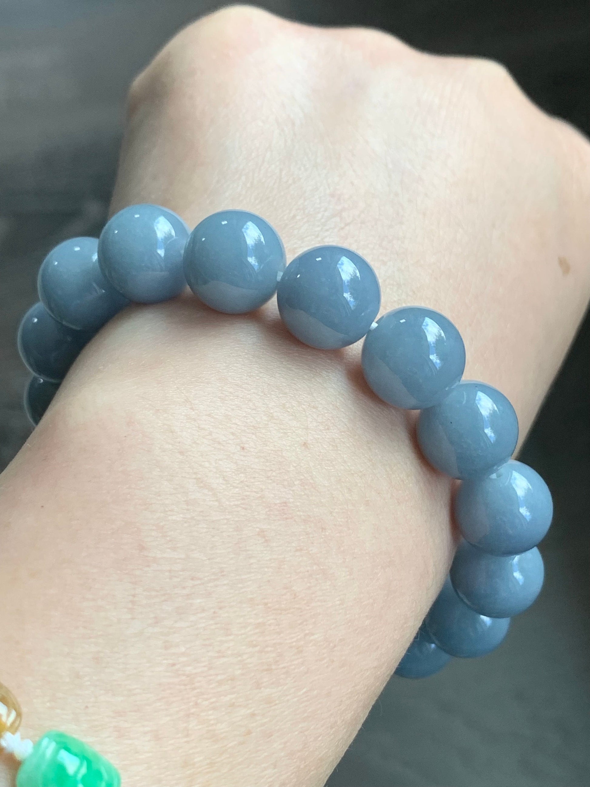 LARGE Certified Natural Guatemalan A Graded Icy Translucent Light Blue Jadeite Beaded Bracelet Stretchy 12mm 7.5" 50g 天然冰危淡蓝紫翡翠大卡圆珠手串 7084