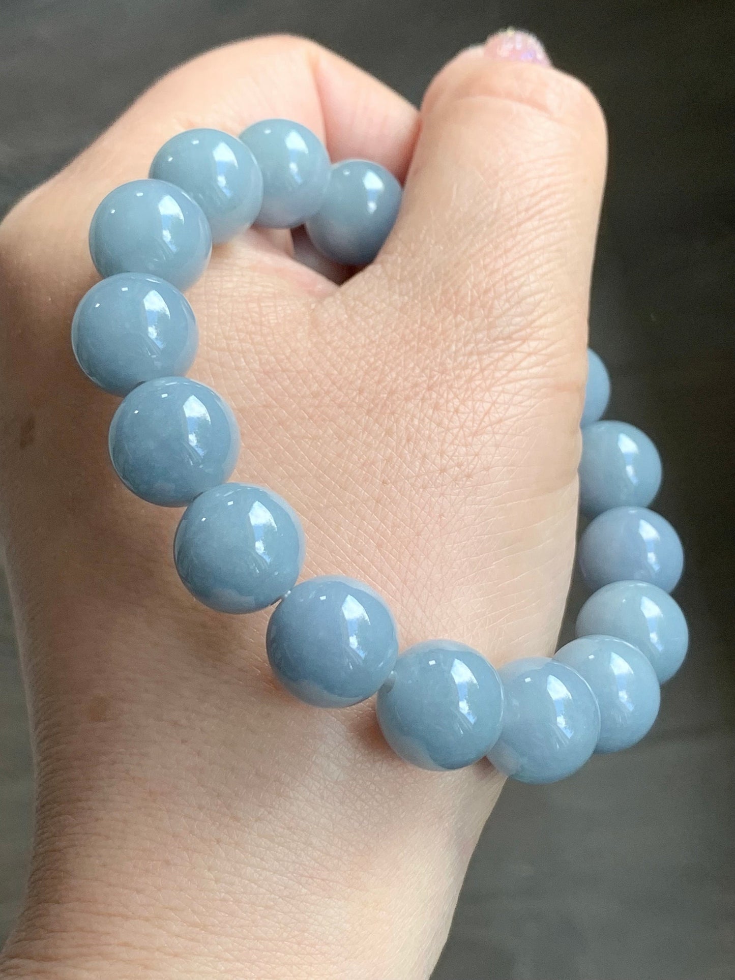 LARGE Certified Natural Guatemalan A Graded Icy Translucent Light Blue Jadeite Beaded Bracelet Stretchy 12mm 7.5" 50g 天然冰危淡蓝紫翡翠大卡圆珠手串 7084
