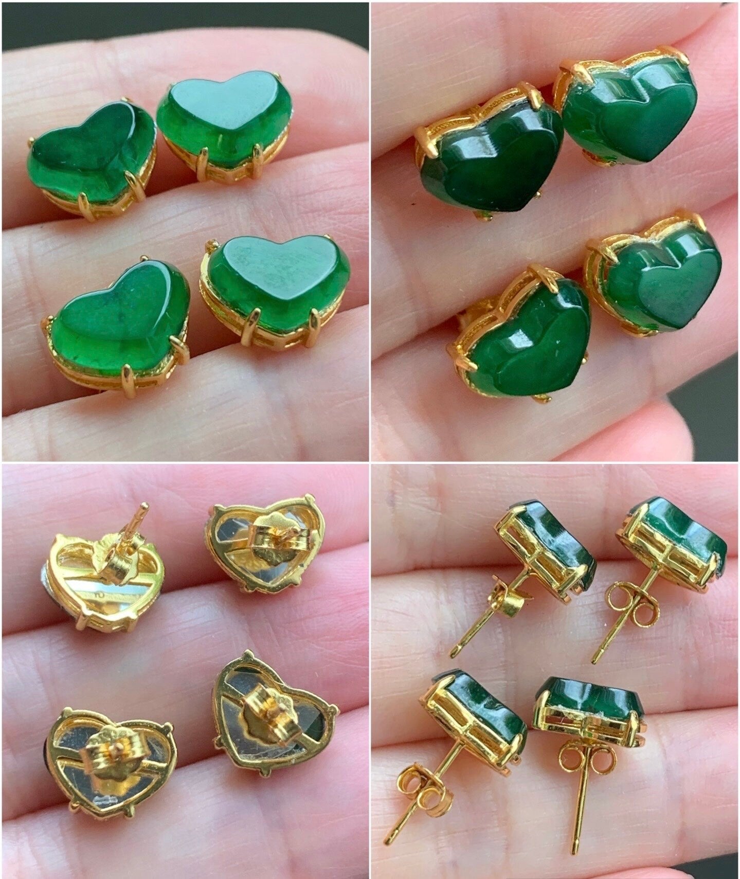 Natural Guatemalan Icy Highly Translucent Vibrant Green Jadeite Heart Shaped Stud Earrings Sterling Silver Yellow Gold Finish 天然冰危绿翡翠爱心银耳钉