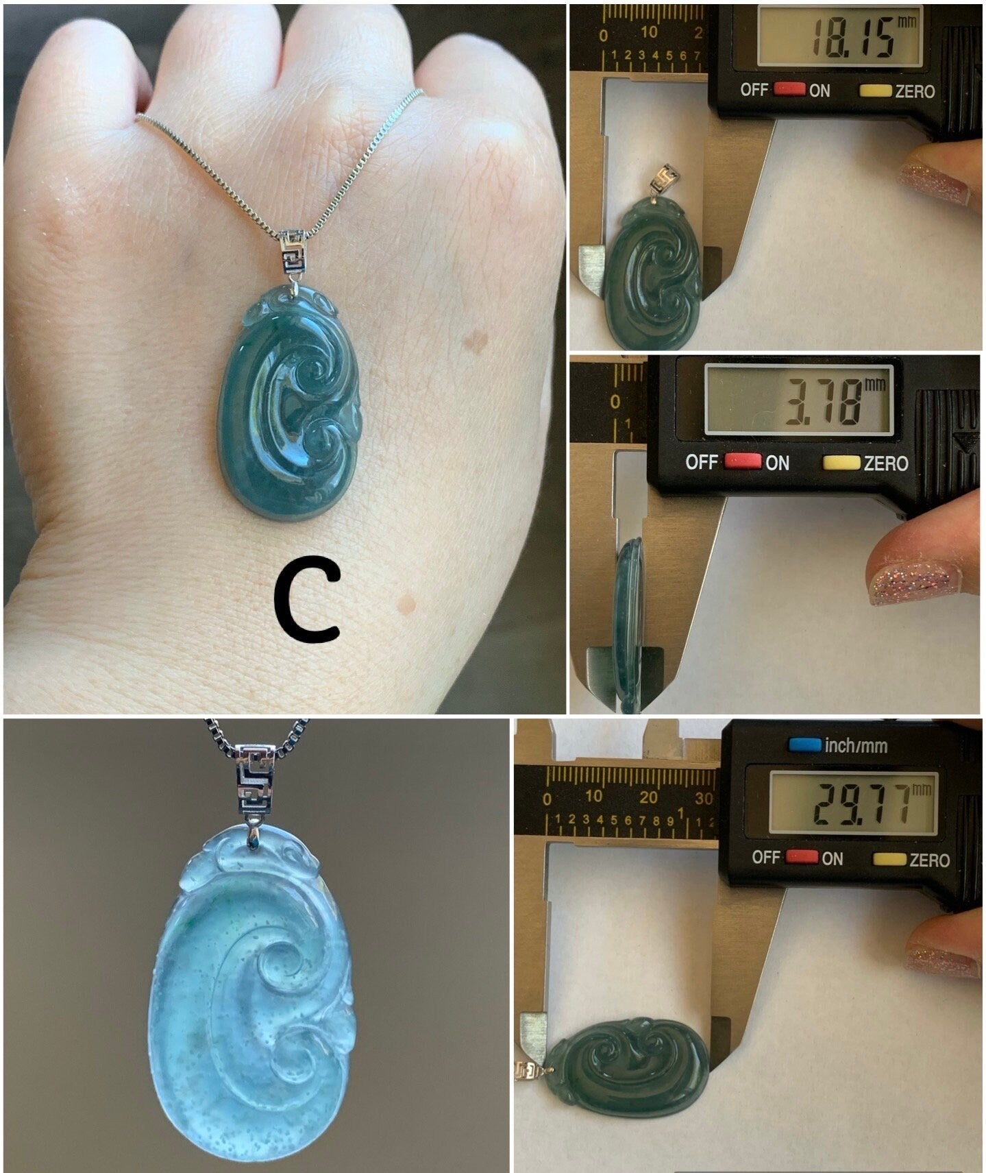 Natural Guatemalan Icy Translucent Teal Blue Jadeite Carved Ruyi Pendant 18K White Gold Bail 天然冰危蓝水翡翠如意镶嵌吊坠