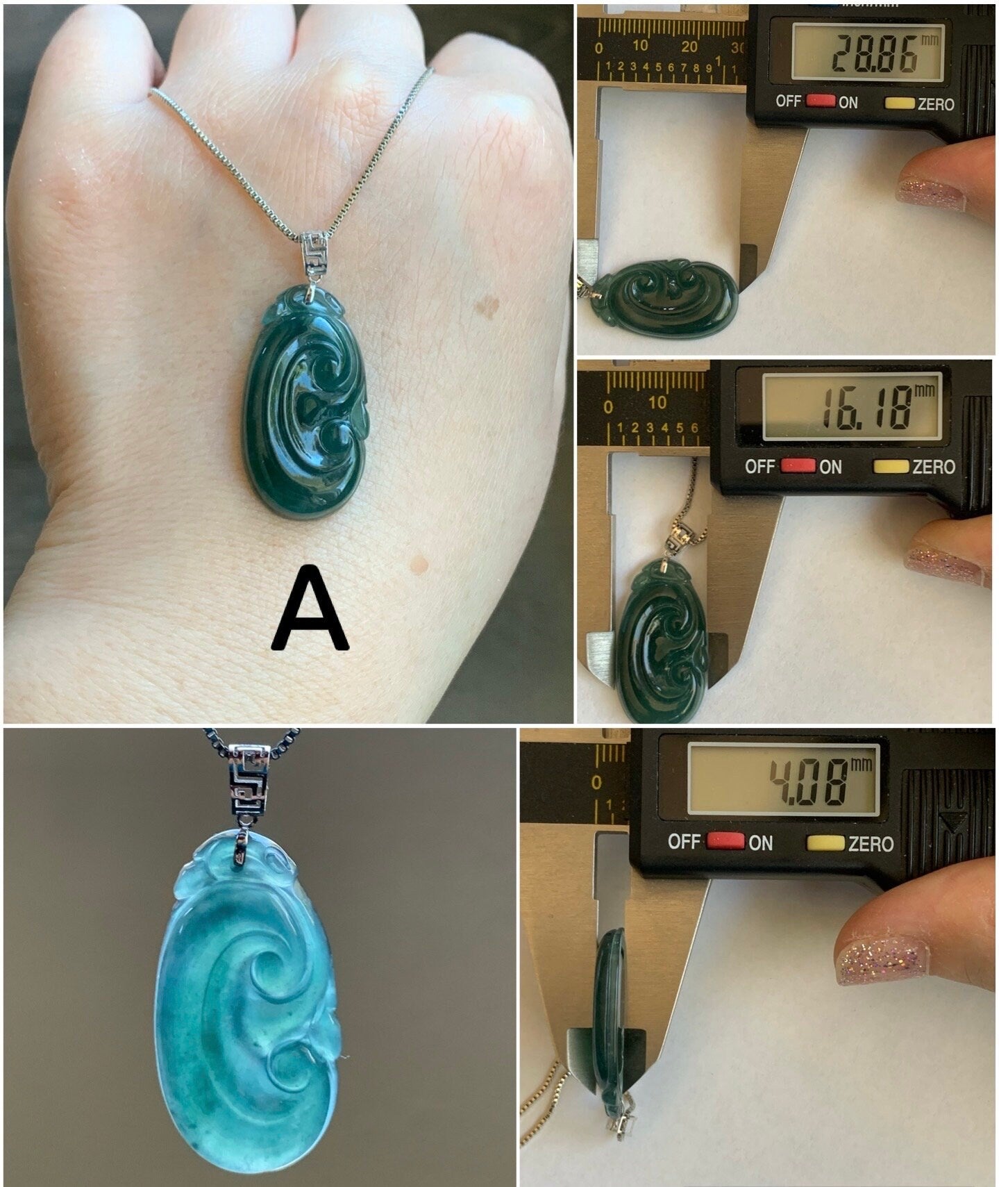 Natural Guatemalan Icy Translucent Teal Blue Jadeite Carved Ruyi Pendant 18K White Gold Bail 天然冰危蓝水翡翠如意镶嵌吊坠