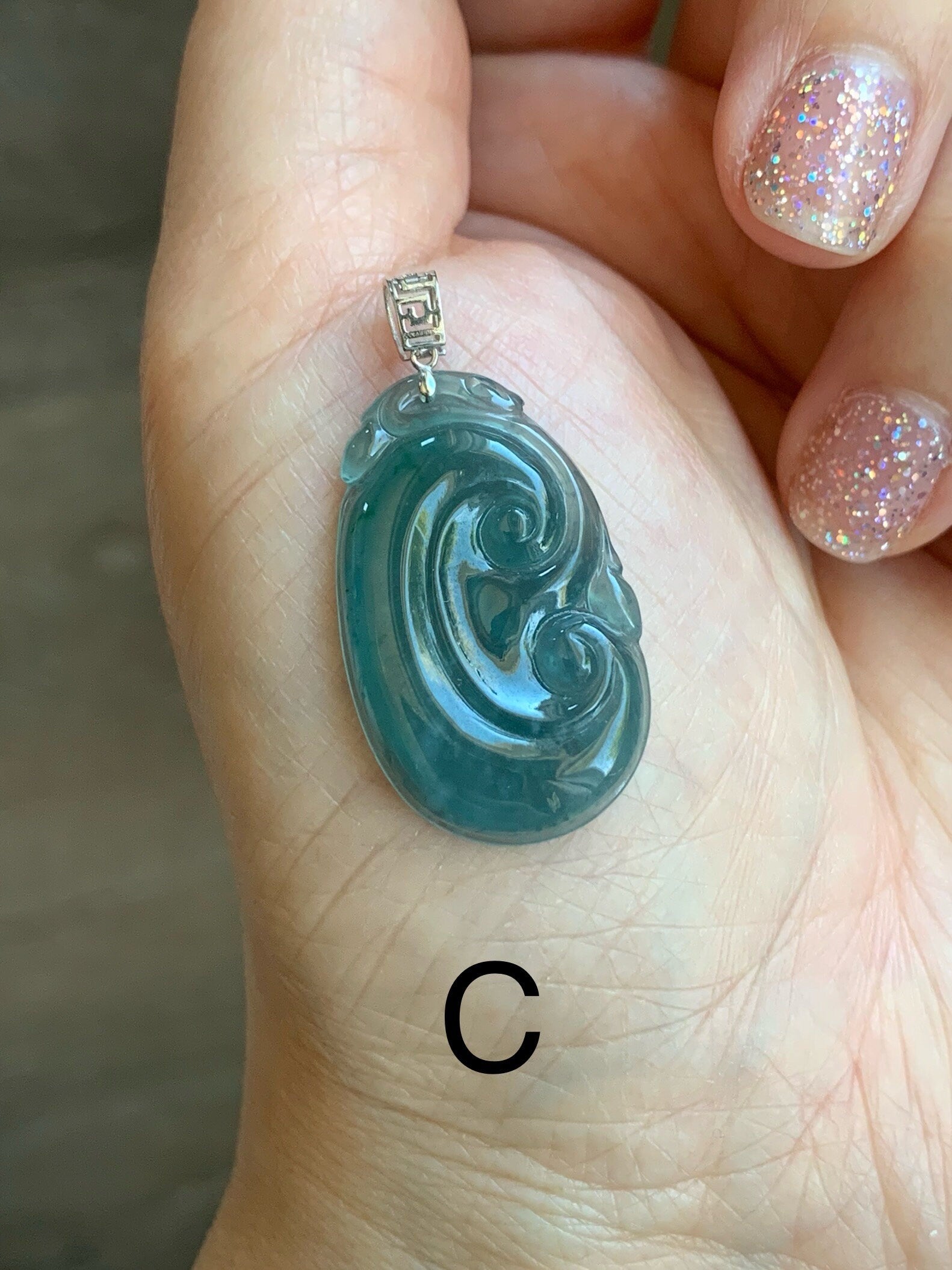 Natural Guatemalan Icy Translucent Teal Blue Jadeite Carved Ruyi Pendant 18K White Gold Bail 天然冰危蓝水翡翠如意镶嵌吊坠