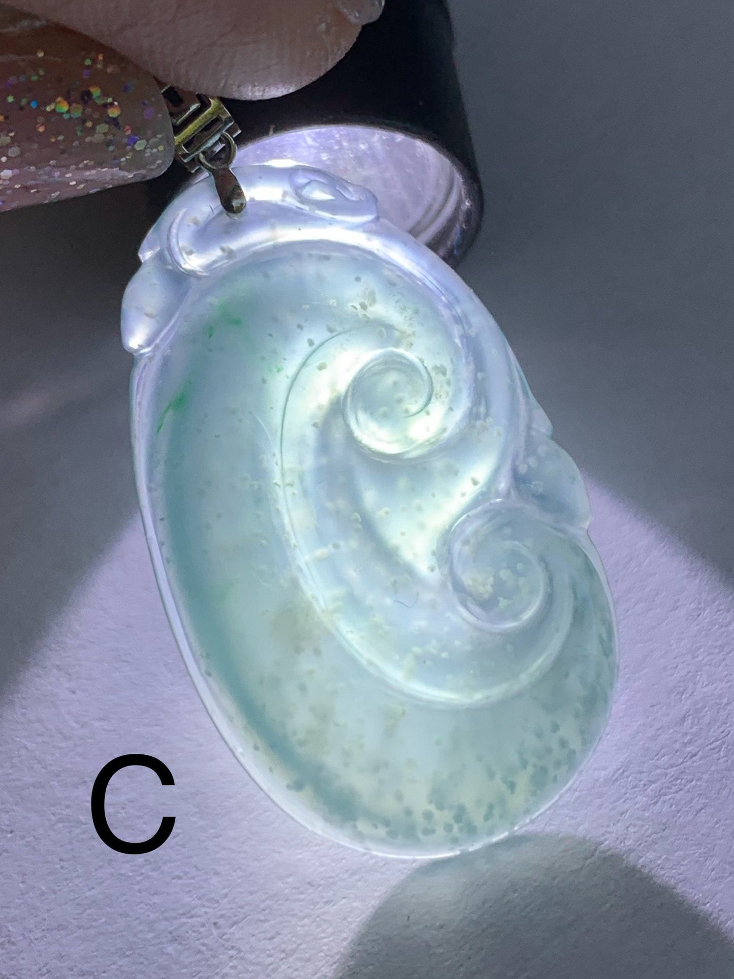 Natural Guatemalan Icy Translucent Teal Blue Jadeite Carved Ruyi Pendant 18K White Gold Bail 天然冰危蓝水翡翠如意镶嵌吊坠