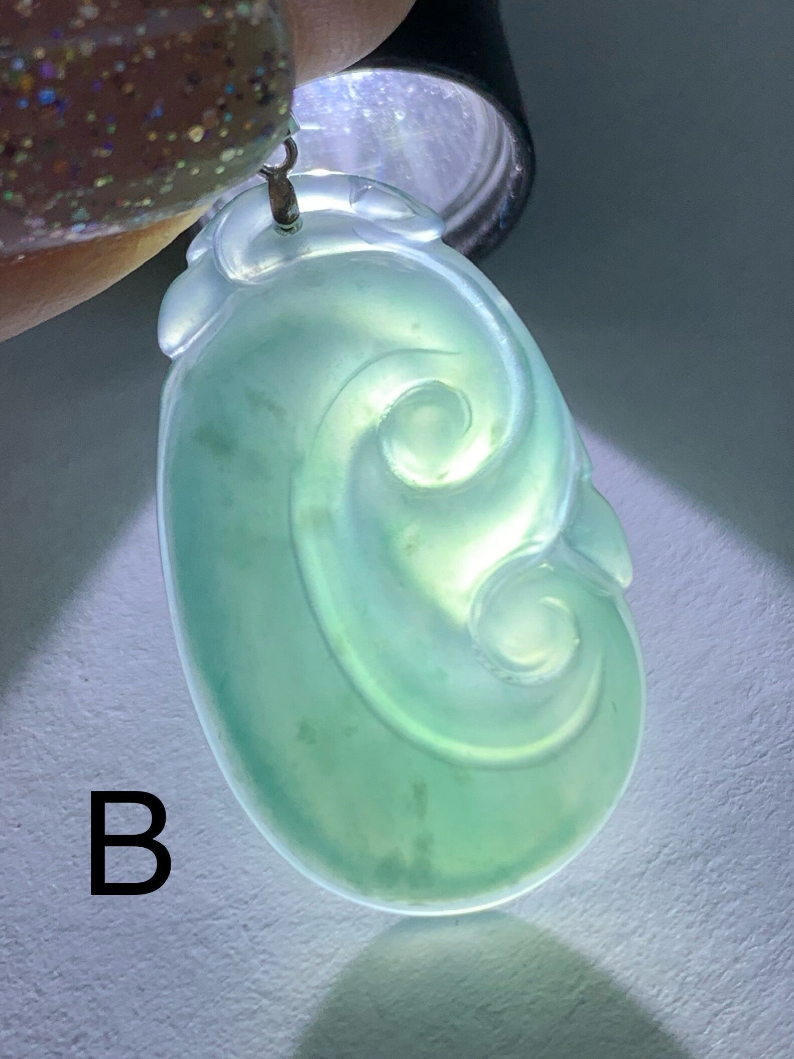 Natural Guatemalan Icy Translucent Teal Blue Jadeite Carved Ruyi Pendant 18K White Gold Bail 天然冰危蓝水翡翠如意镶嵌吊坠