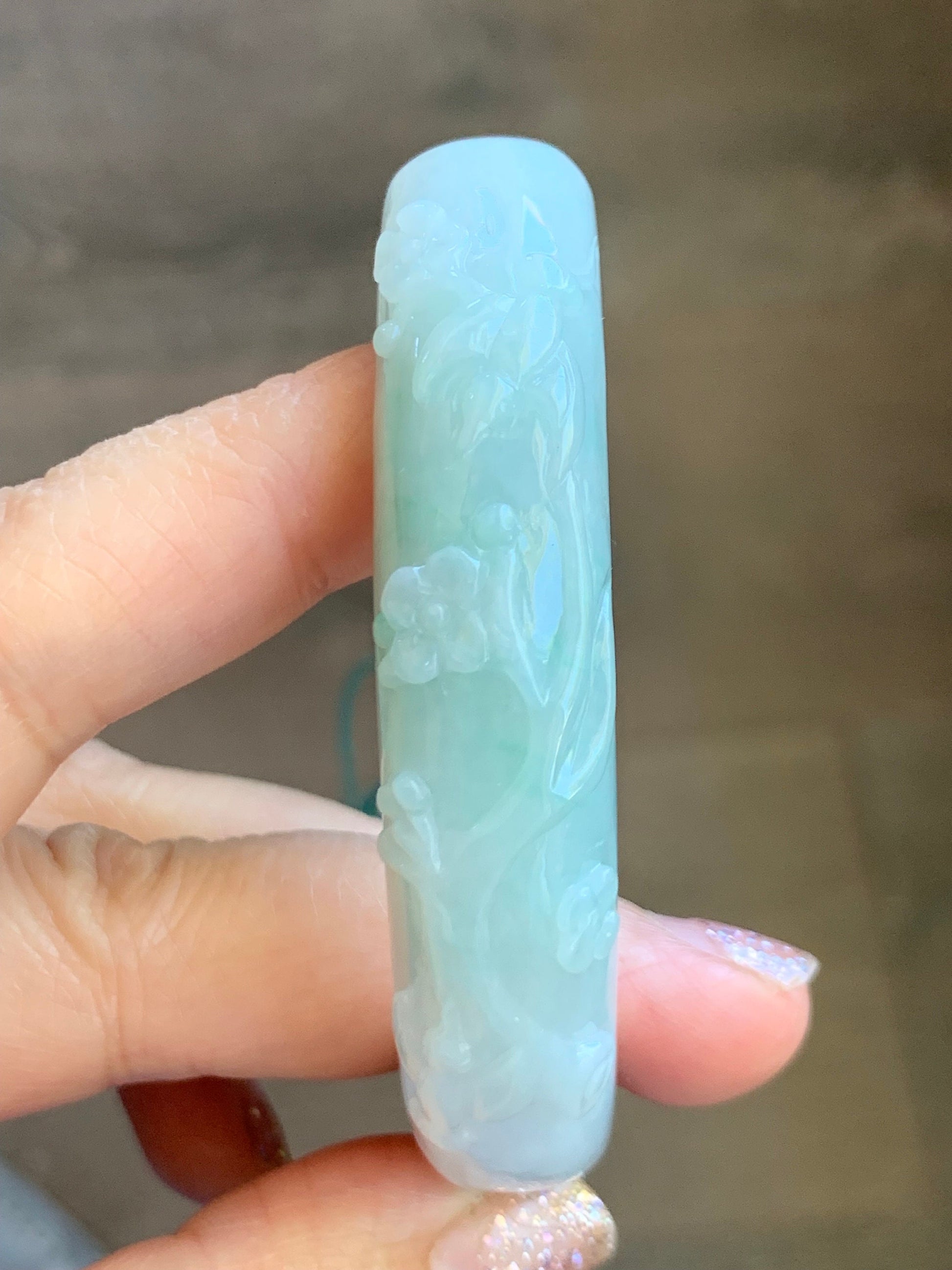 Certified Natural Burmese Translucent Green Marbled Jadeite Half Bangle Green Sandalwood Bamboo Beads Beaded Bracelet 天然缅甸翡翠雕花半镯喜上眉梢竹节手串 275