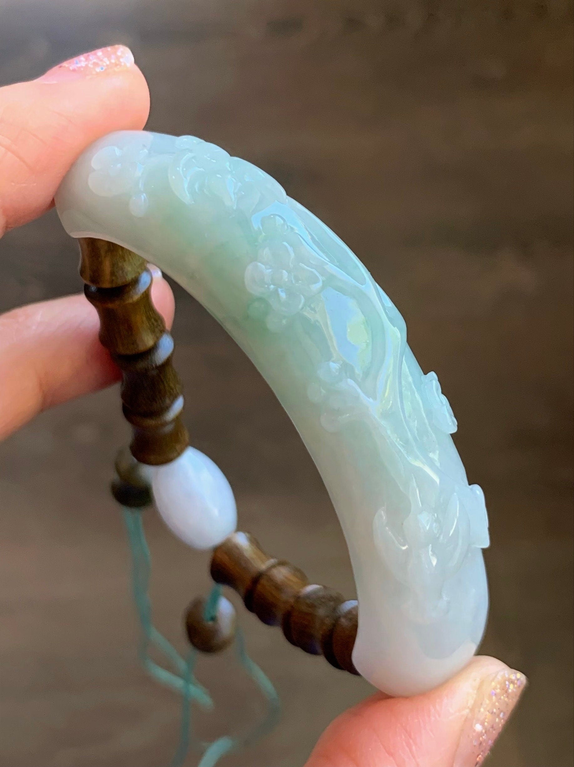 Certified Natural Burmese Translucent Green Marbled Jadeite Half Bangle Green Sandalwood Bamboo Beads Beaded Bracelet 天然缅甸翡翠雕花半镯喜上眉梢竹节手串 275
