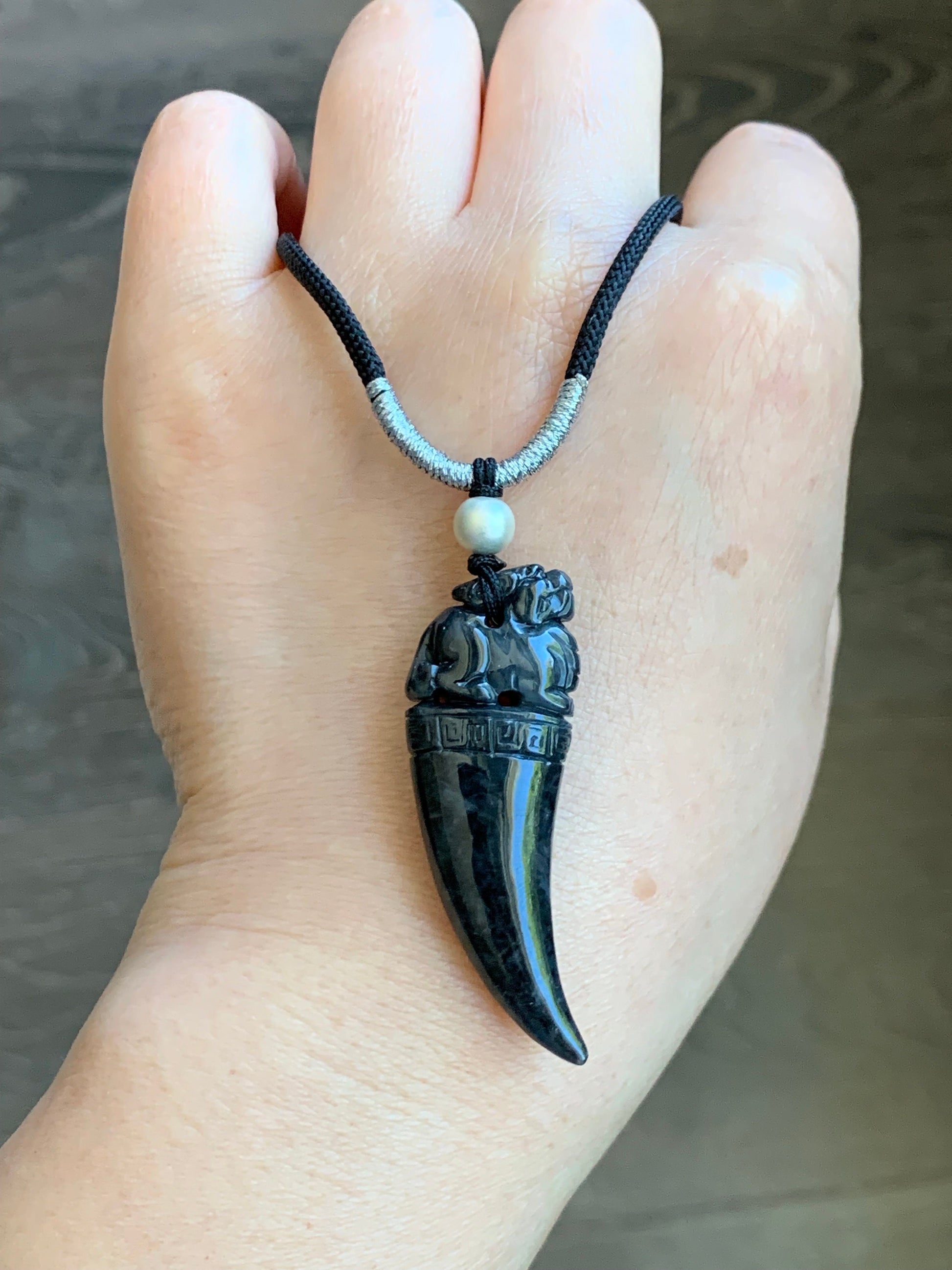 Natural Burmese Semi Translucent Dark Wuji Jadeite Carved Pixiu Tooth Pendant Rope Necklace Sterling Silver 26" Adjustable 12g 天然缅甸乌鸡翡翠貔貅牙吊坠