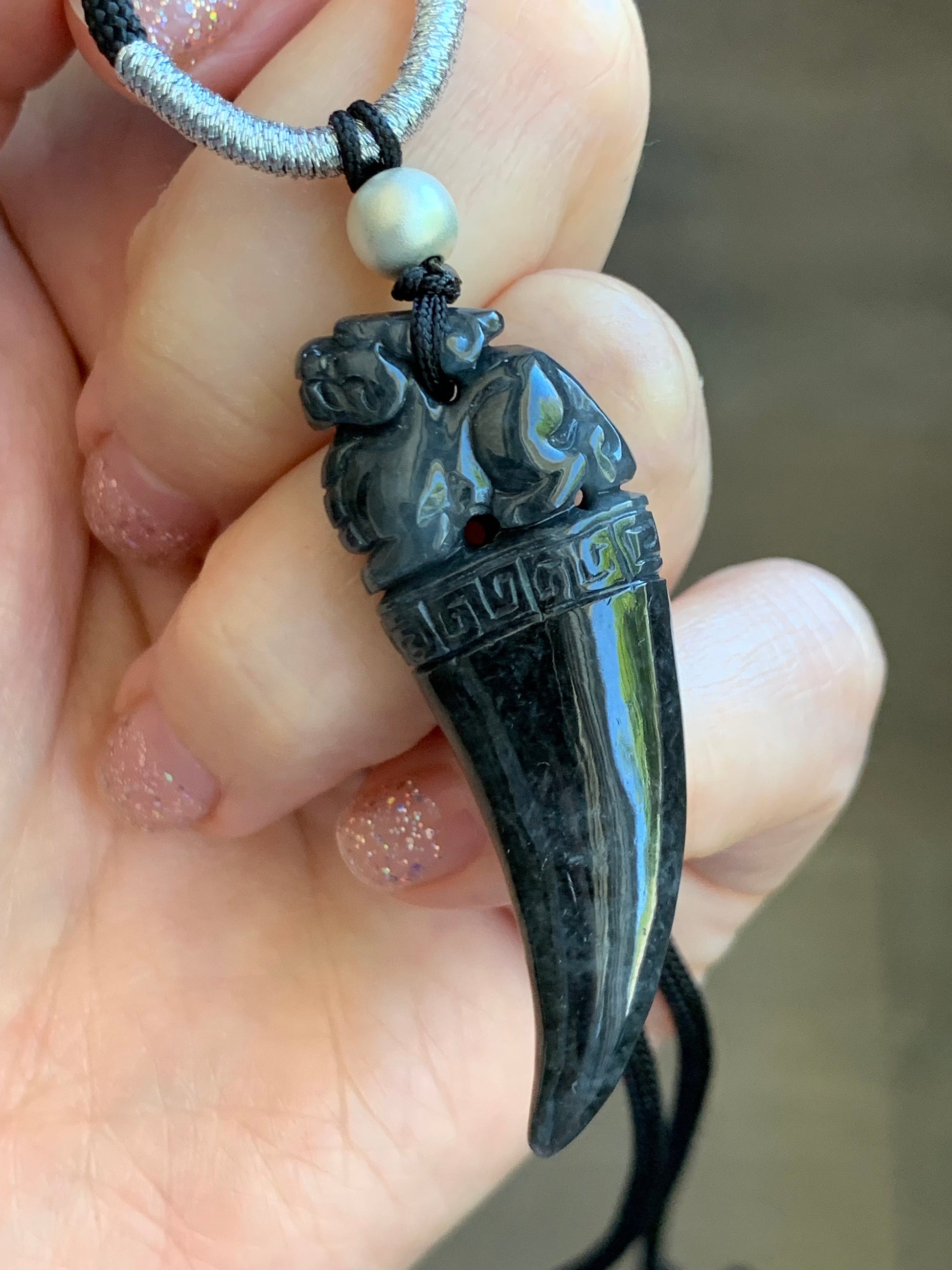 Natural Burmese Semi Translucent Dark Wuji Jadeite Carved Pixiu Tooth Pendant Rope Necklace Sterling Silver 26" Adjustable 12g 天然缅甸乌鸡翡翠貔貅牙吊坠