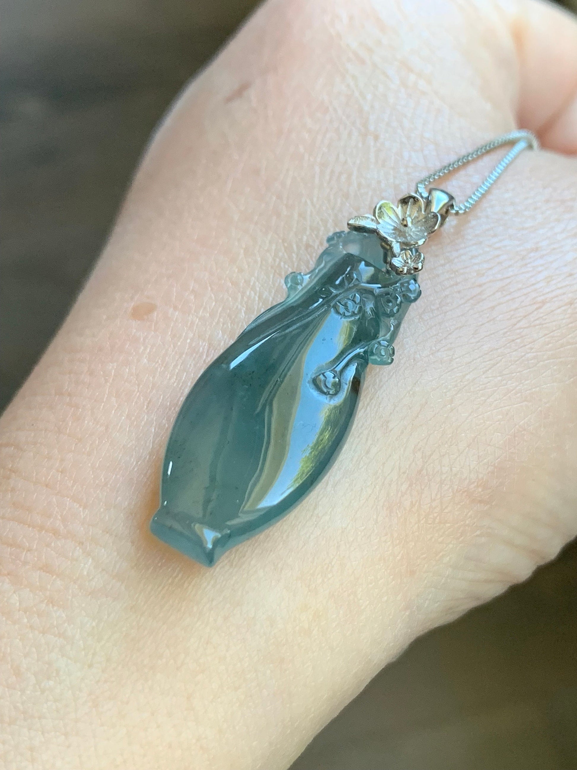 Natural Guatemalan Icy Translucent Gelatinous Teal Blue Jadeite Flower Vase Pendant Sterling Silver Cherry Blossom Bail 天然冰胶危蓝翡翠仿古雕宝瓶梅花扣头吊坠