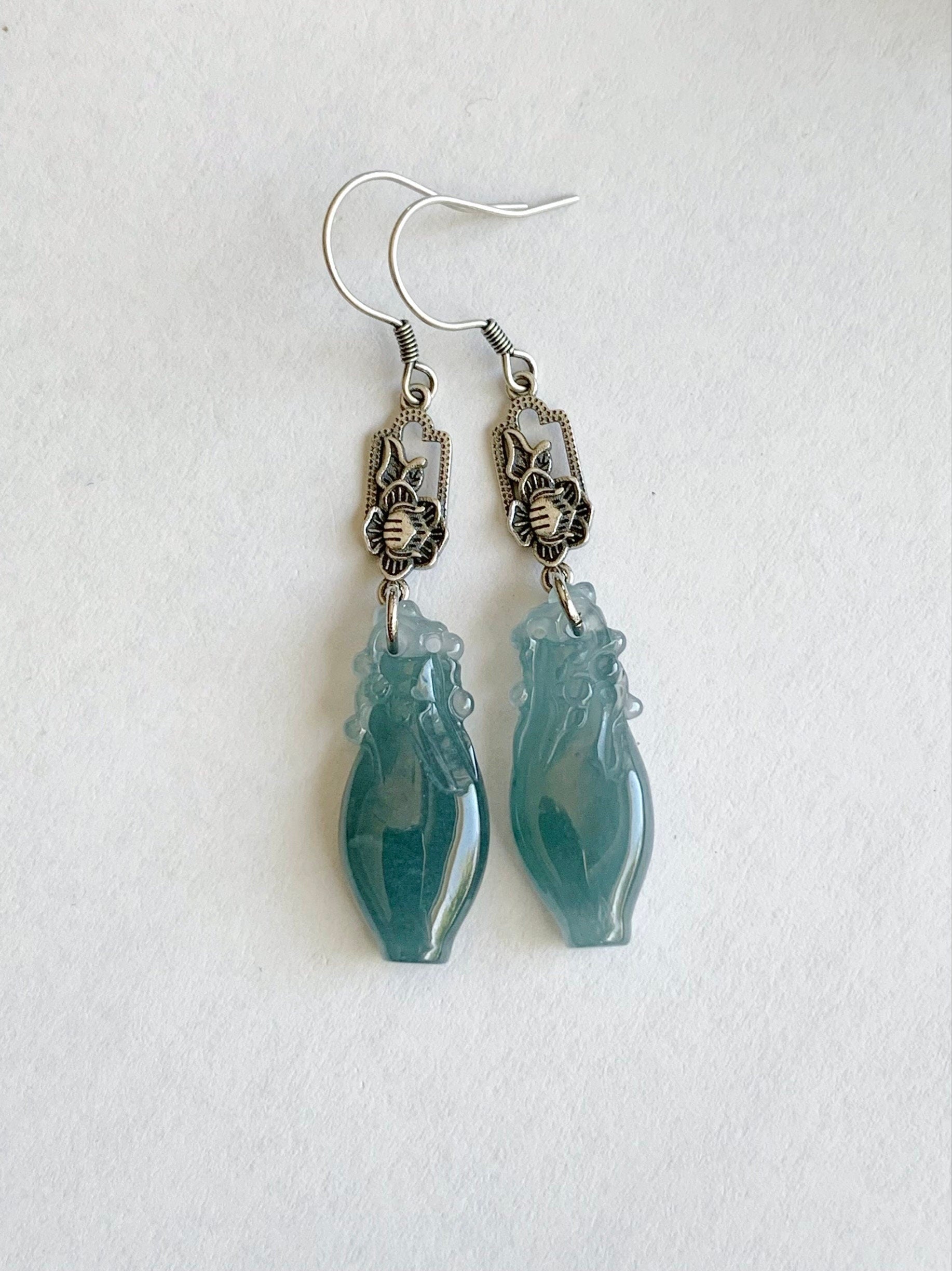Natural Guatemalan Icy Translucent Gelatinous Dark Dusty Blue Jadeite Carved Flower Vase Dangle Earrings Sterling Silver 天然冰胶危蓝翡翠宝瓶银耳钩