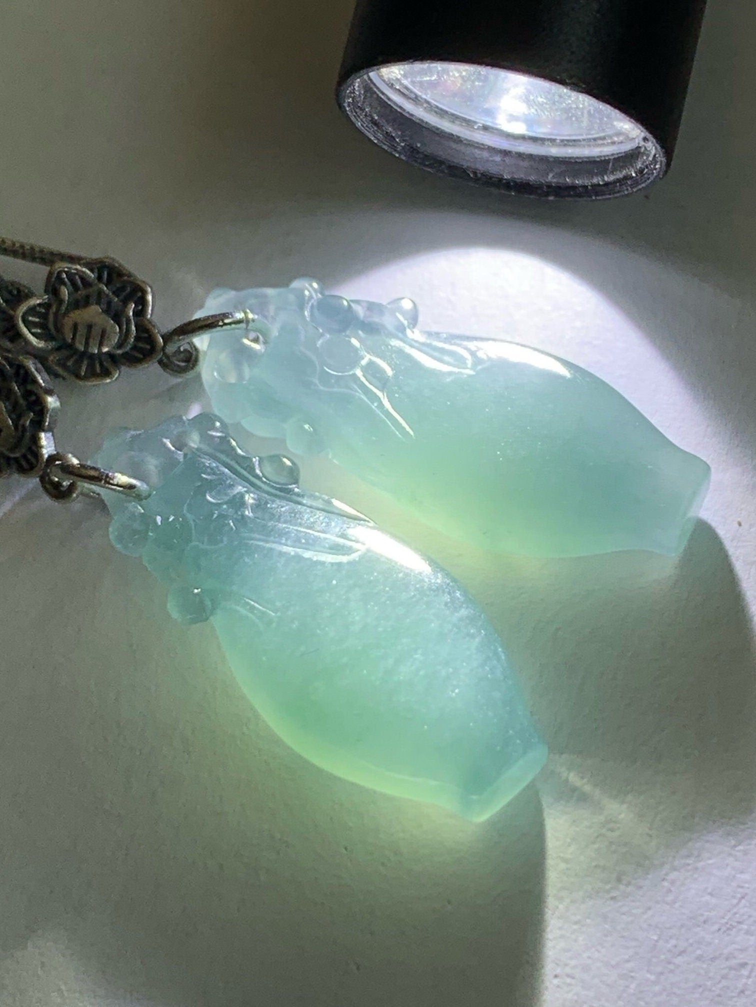 Natural Guatemalan Icy Translucent Gelatinous Dark Dusty Blue Jadeite Carved Flower Vase Dangle Earrings Sterling Silver 天然冰胶危蓝翡翠宝瓶银耳钩