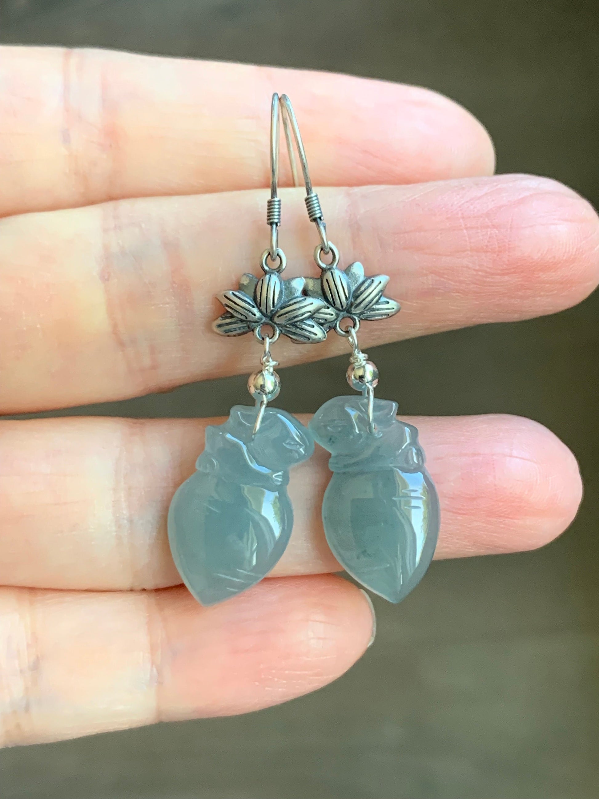 Natural Guatemalan Icy Translucent Gelatinous Light Blue Jadeite Carved Rabbit & Carrot Dangle Earrings Sterling Silver 天然冰胶危浅蓝翡翠胡萝卜兔银耳钩