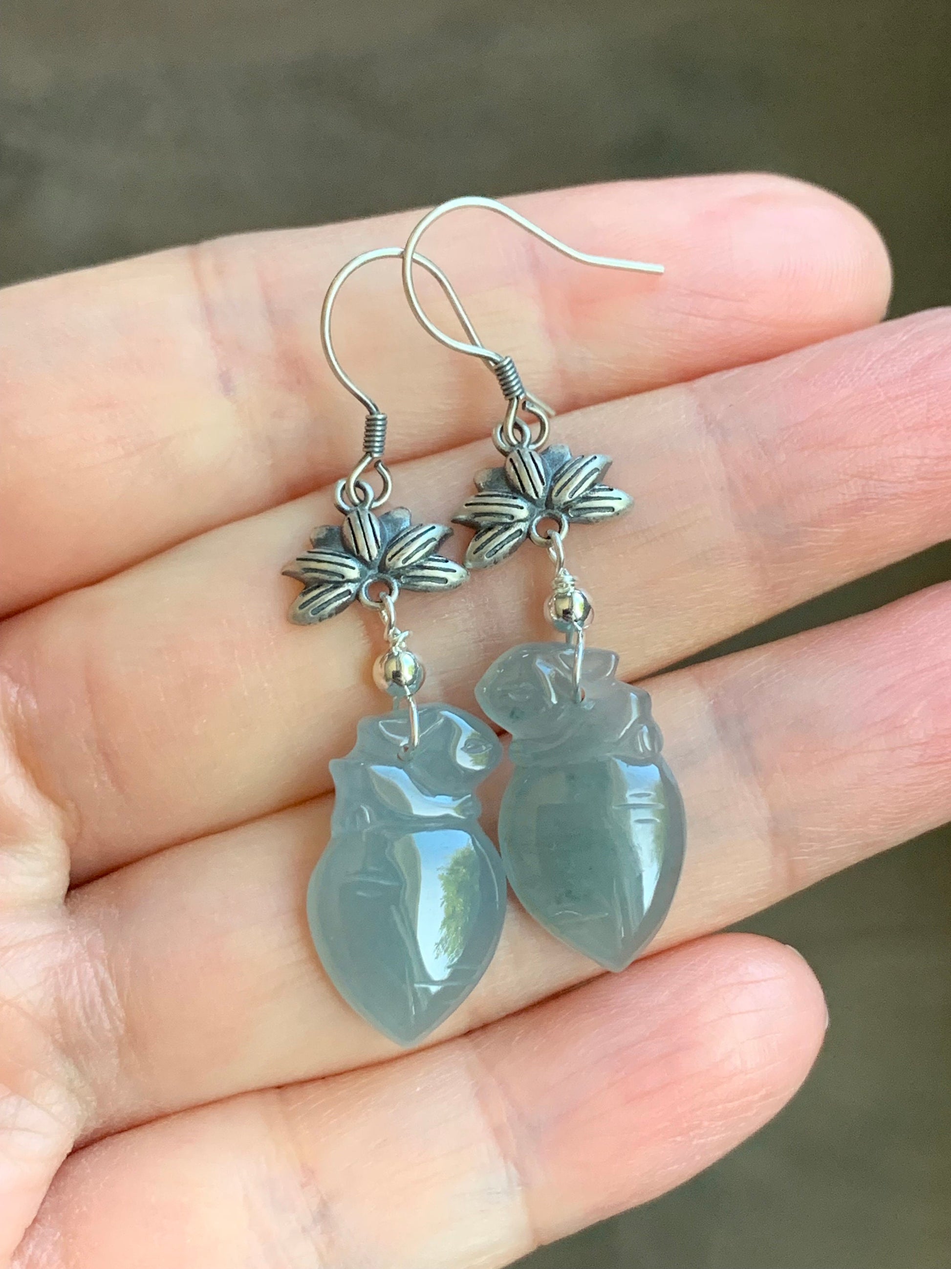 Natural Guatemalan Icy Translucent Gelatinous Light Blue Jadeite Carved Rabbit & Carrot Dangle Earrings Sterling Silver 天然冰胶危浅蓝翡翠胡萝卜兔银耳钩