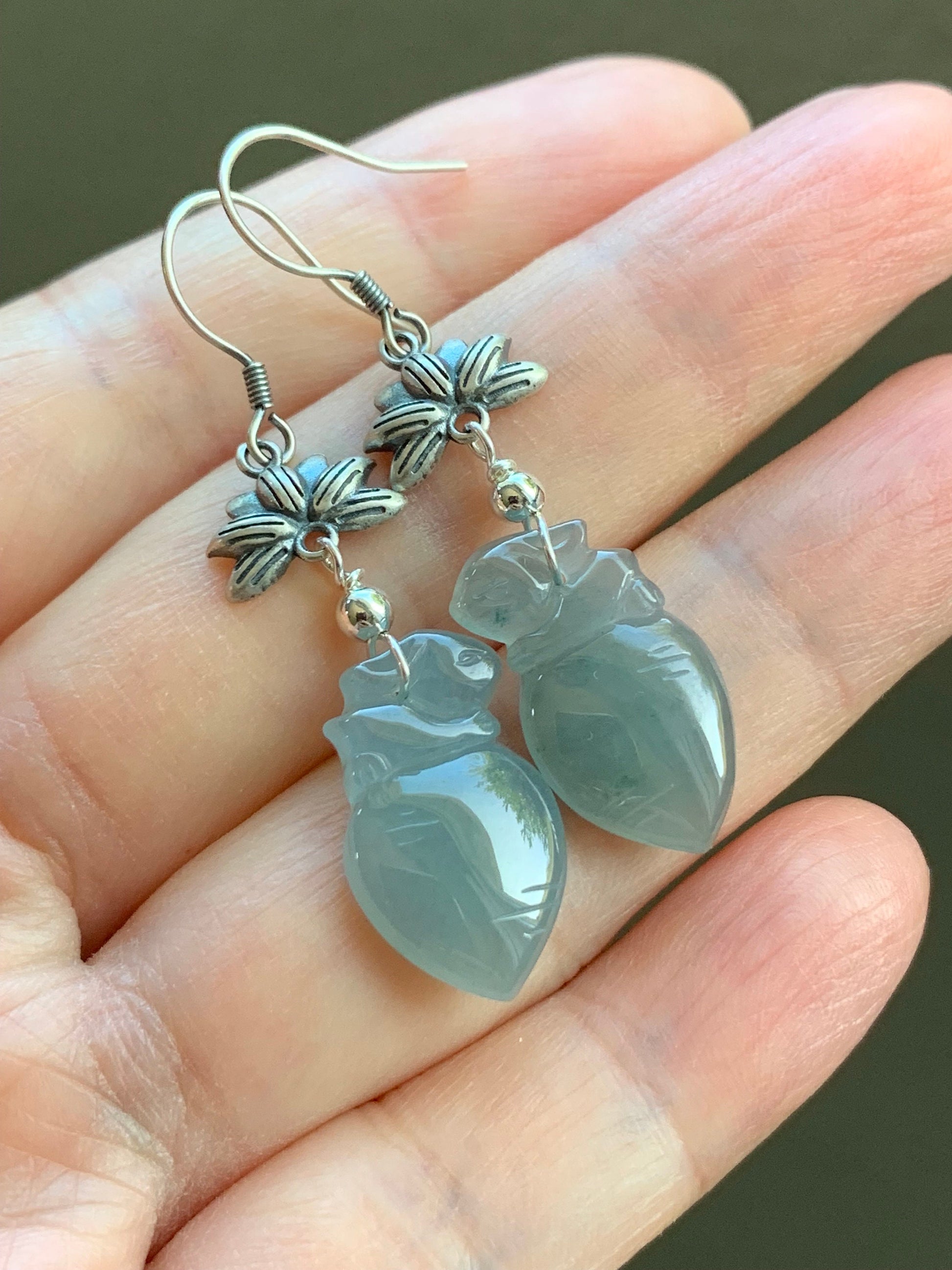 Natural Guatemalan Icy Translucent Gelatinous Light Blue Jadeite Carved Rabbit & Carrot Dangle Earrings Sterling Silver 天然冰胶危浅蓝翡翠胡萝卜兔银耳钩
