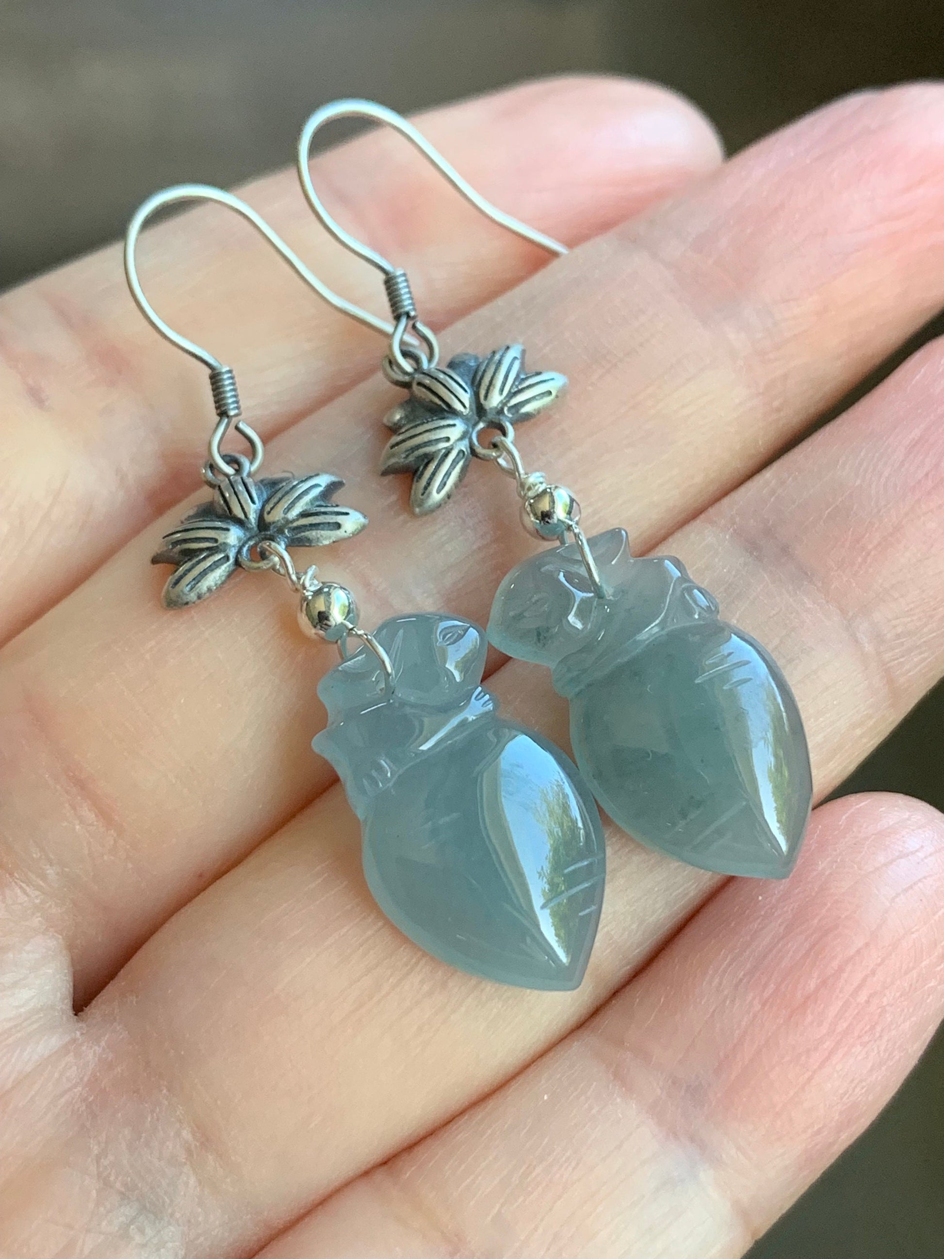 Natural Guatemalan Icy Translucent Gelatinous Light Blue Jadeite Carved Rabbit & Carrot Dangle Earrings Sterling Silver 天然冰胶危浅蓝翡翠胡萝卜兔银耳钩