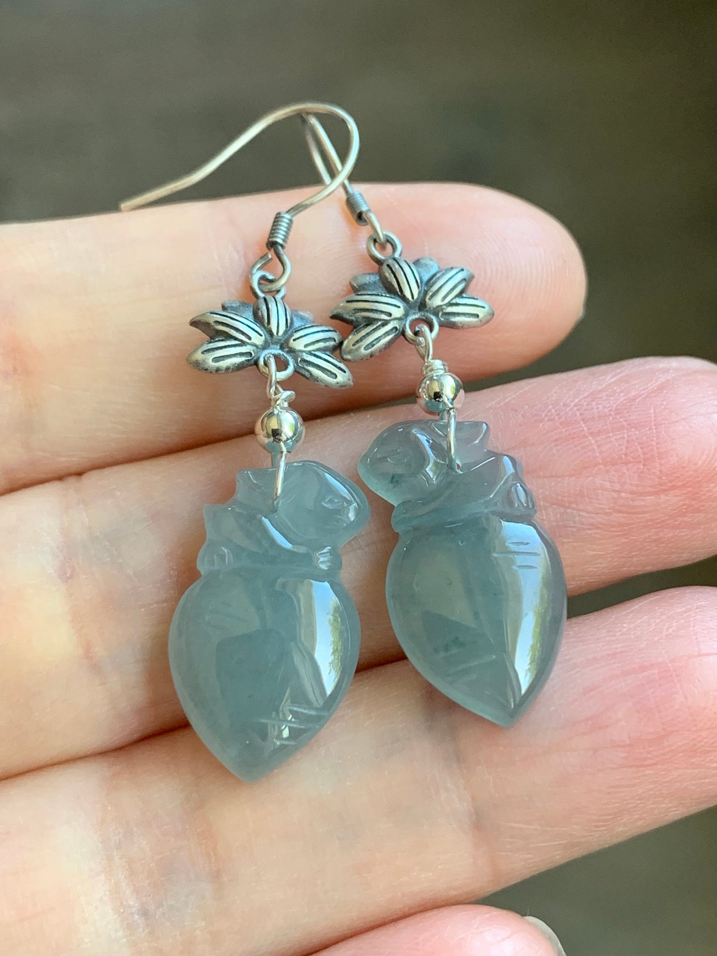 Natural Guatemalan Icy Translucent Gelatinous Light Blue Jadeite Carved Rabbit & Carrot Dangle Earrings Sterling Silver 天然冰胶危浅蓝翡翠胡萝卜兔银耳钩