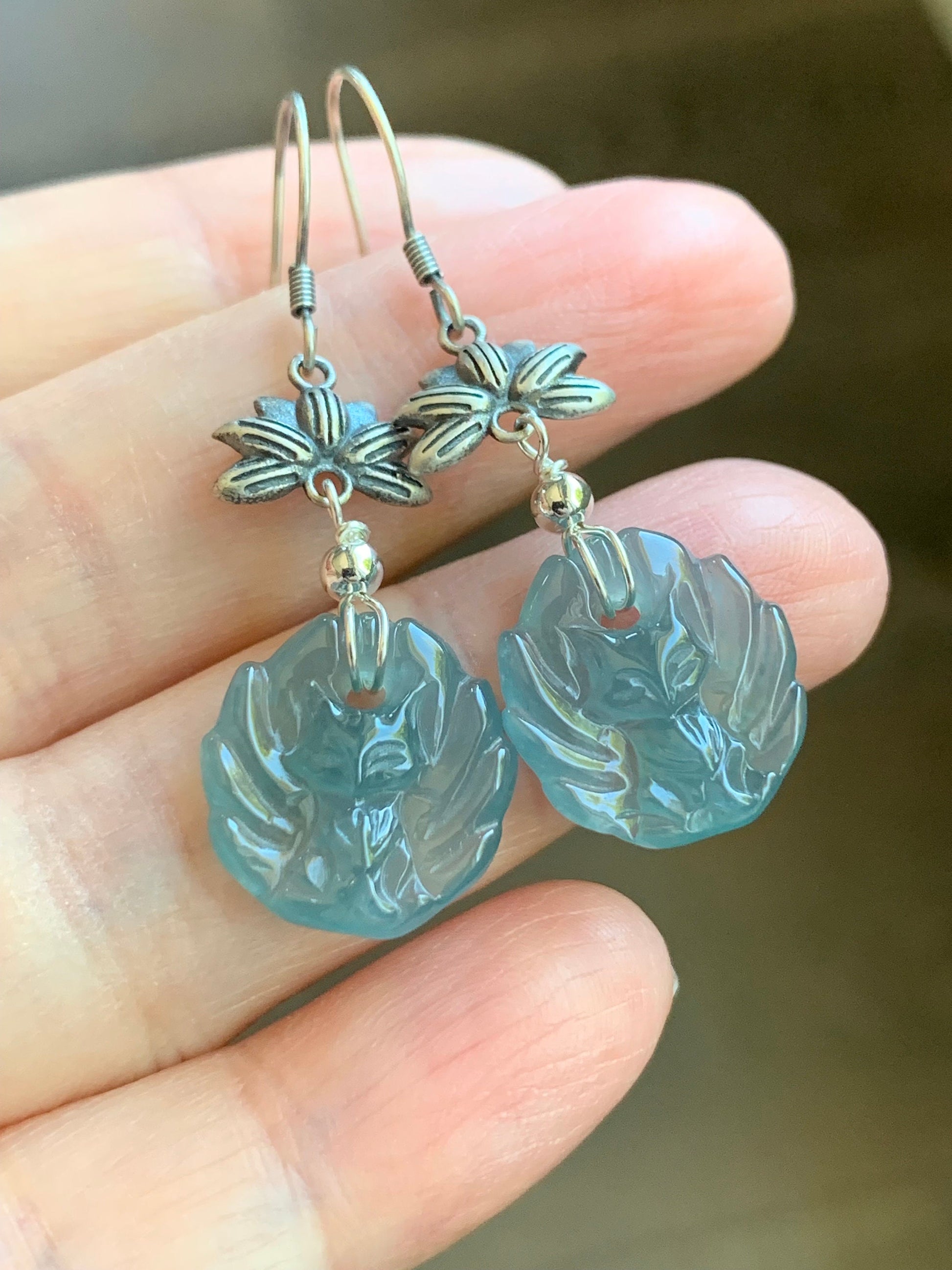Natural Guatemalan Icy Translucent Gelatinous Light Blue Jadeite Carved Nine-Tailed Fox Dangle Earrings Sterling Silver 天然冰胶危浅蓝翡翠九尾狐银耳钩