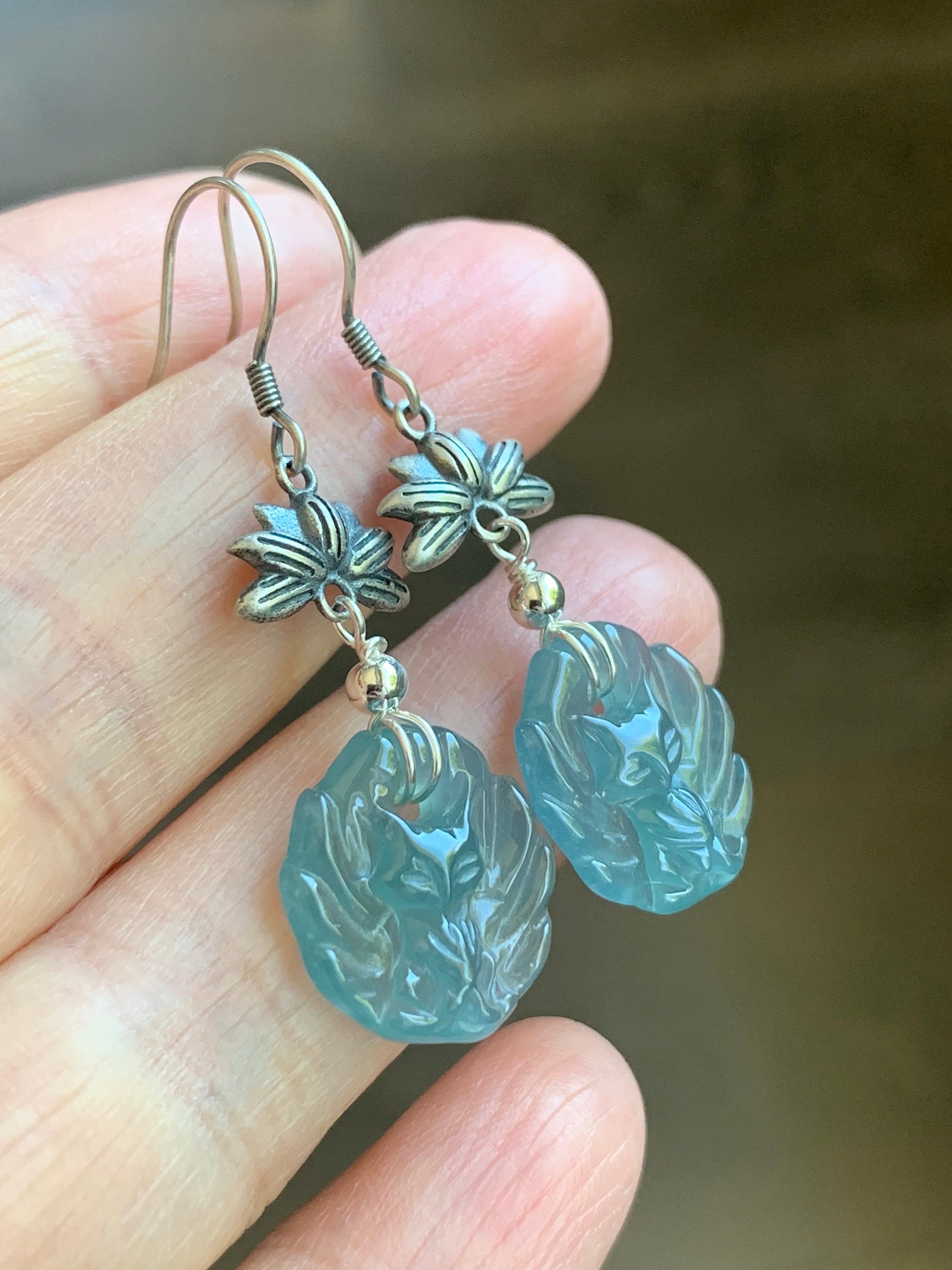 Natural Guatemalan Icy Translucent Gelatinous Light Blue Jadeite Carved Nine-Tailed Fox Dangle Earrings Sterling Silver 天然冰胶危浅蓝翡翠九尾狐银耳钩
