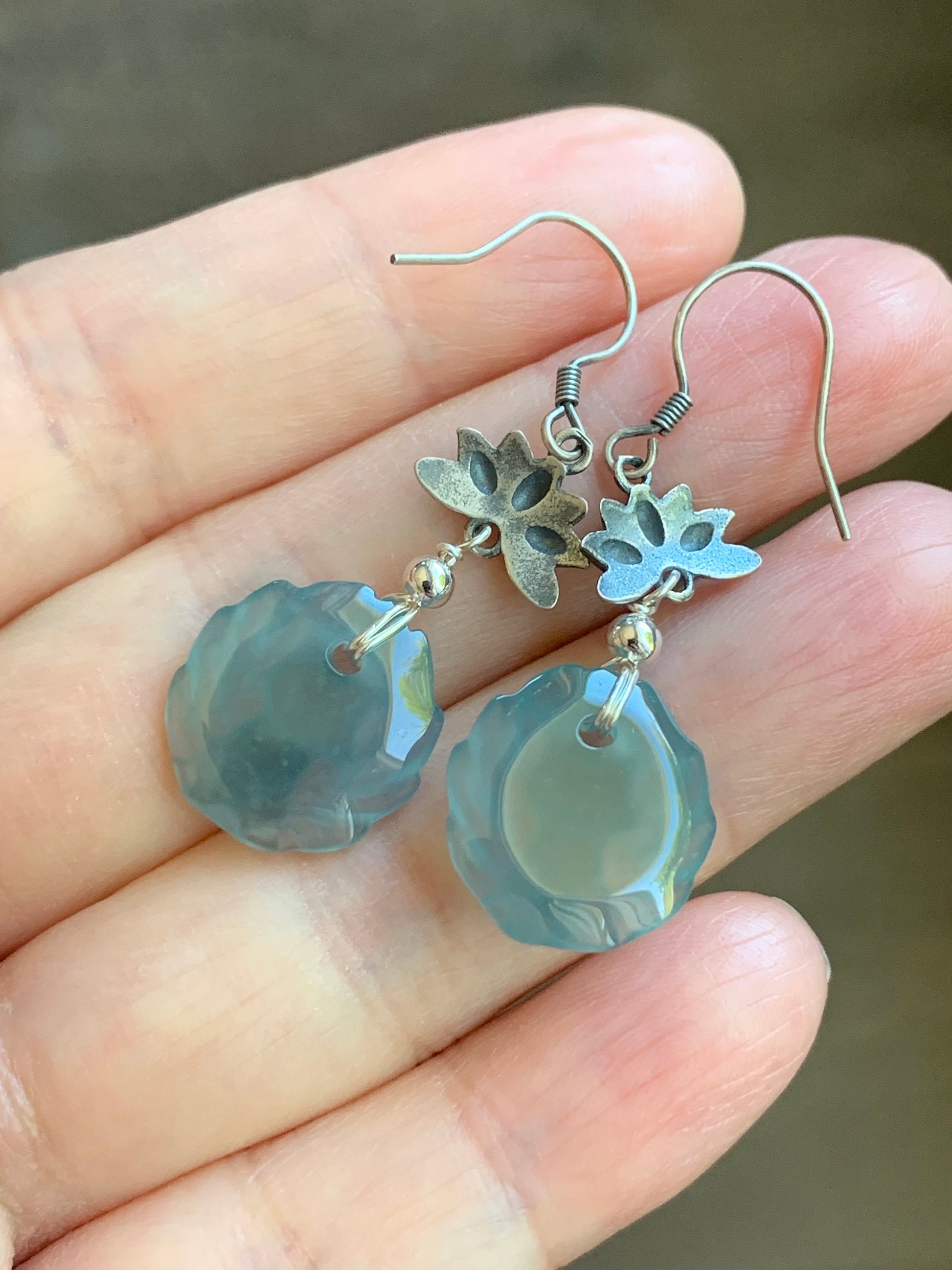 Natural Guatemalan Icy Translucent Gelatinous Light Blue Jadeite Carved Nine-Tailed Fox Dangle Earrings Sterling Silver 天然冰胶危浅蓝翡翠九尾狐银耳钩