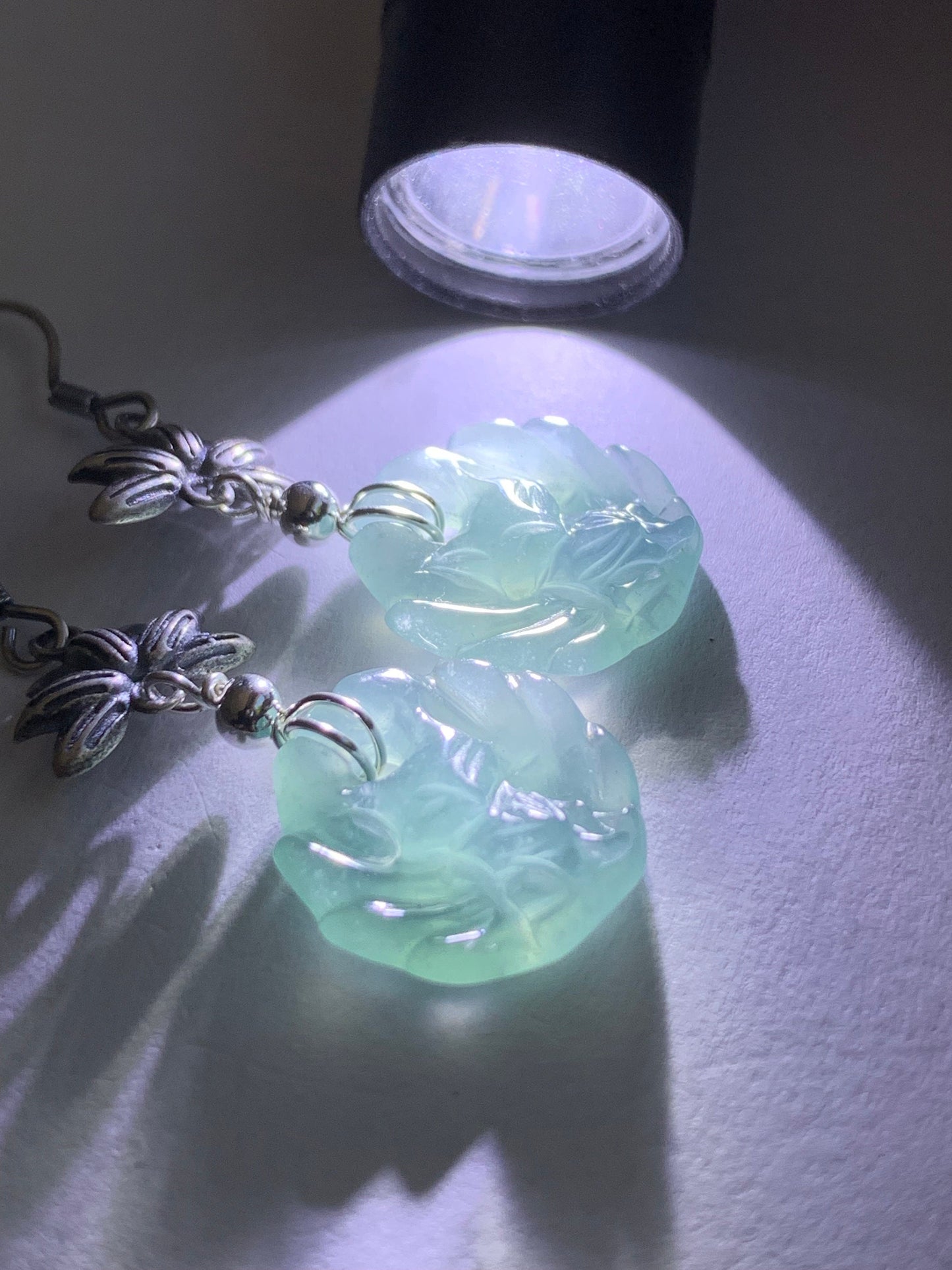 Natural Guatemalan Icy Translucent Gelatinous Light Blue Jadeite Carved Nine-Tailed Fox Dangle Earrings Sterling Silver 天然冰胶危浅蓝翡翠九尾狐银耳钩