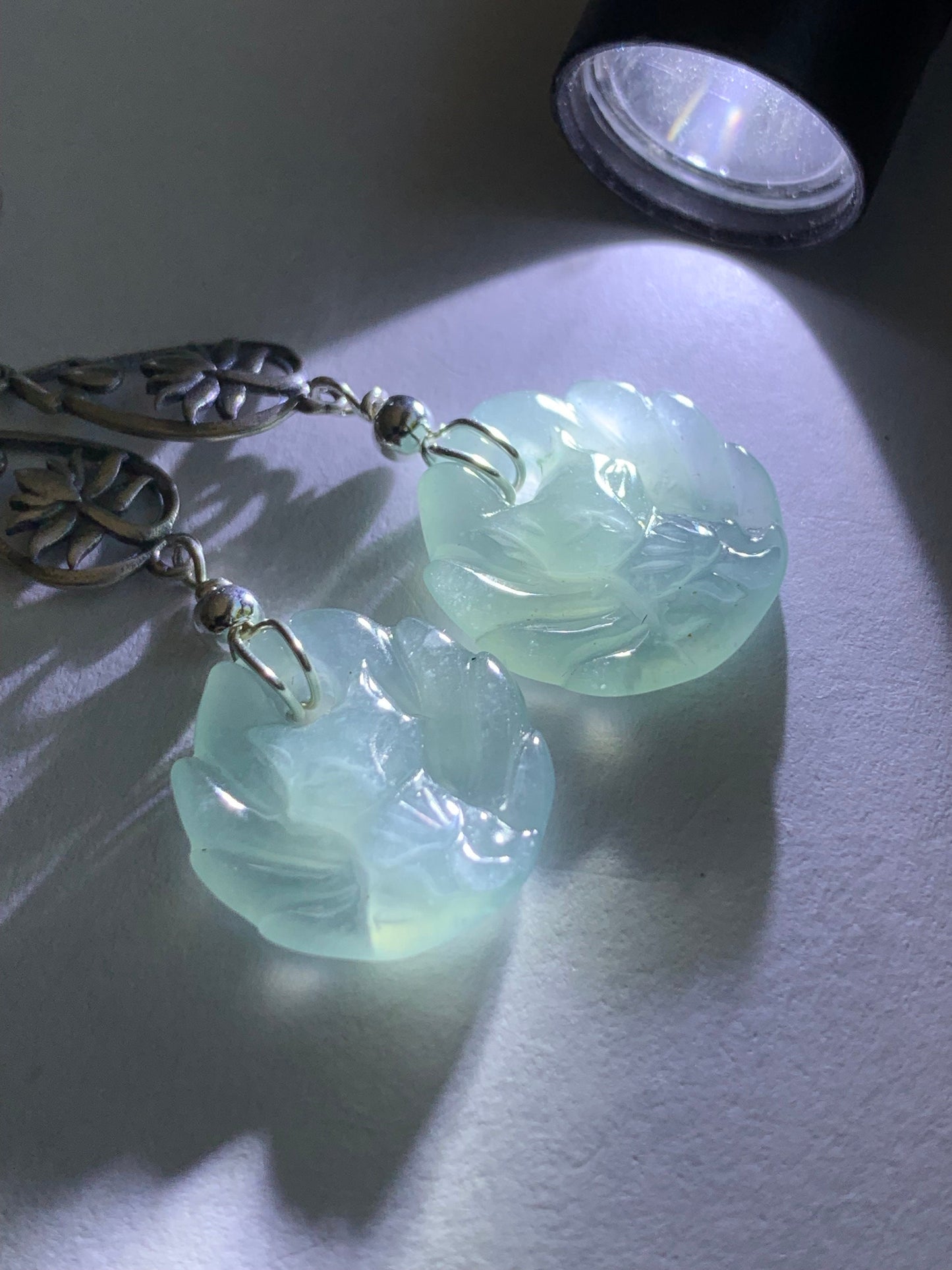 Natural Guatemalan Icy Translucent Gelatinous Light Blue Jadeite Carved Nine-Tailed Fox Dangle Earrings Sterling Silver 天然冰胶危浅蓝翡翠九尾狐银耳钩