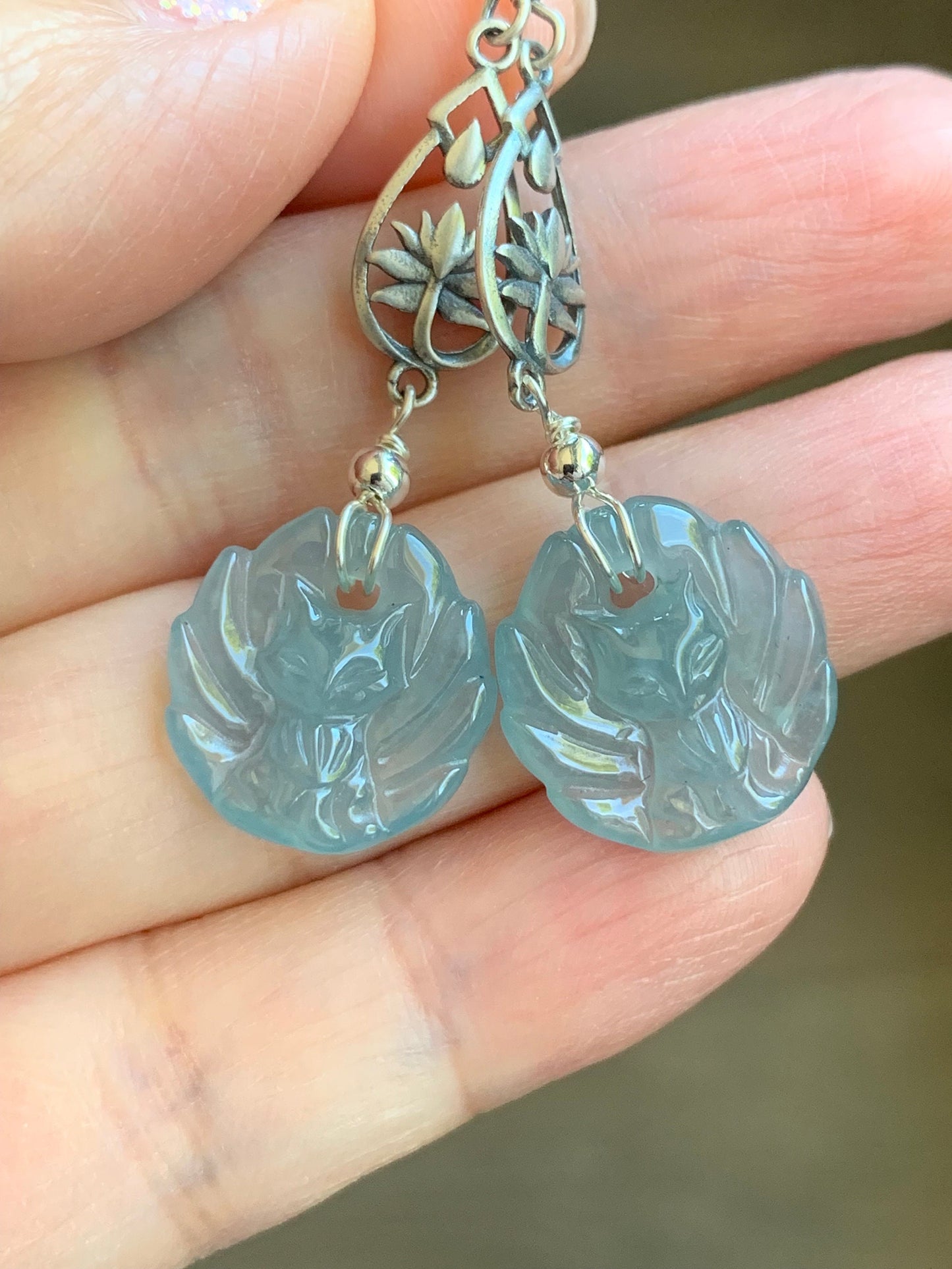 Natural Guatemalan Icy Translucent Gelatinous Light Blue Jadeite Carved Nine-Tailed Fox Dangle Earrings Sterling Silver 天然冰胶危浅蓝翡翠九尾狐银耳钩