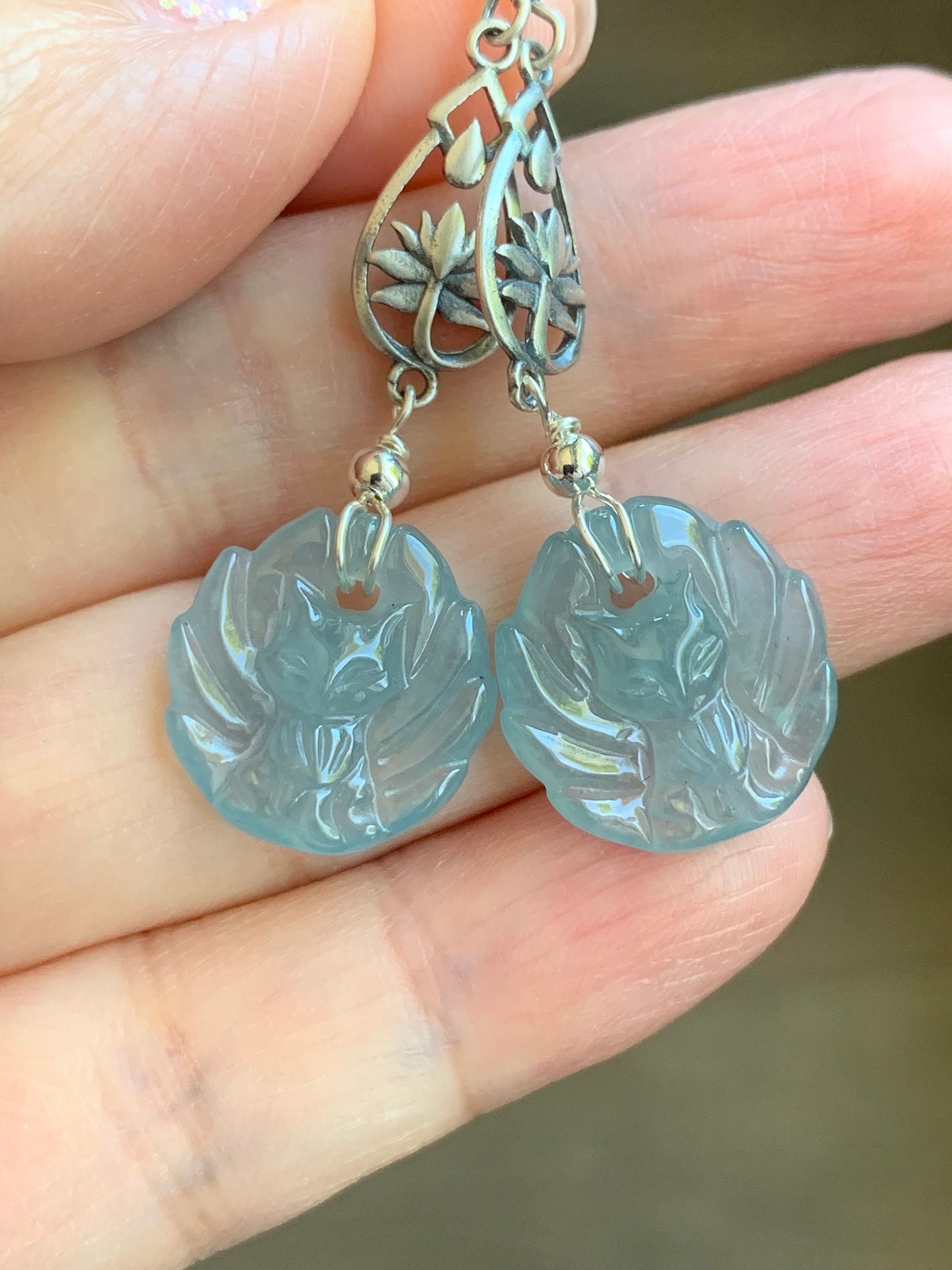 Natural Guatemalan Icy Translucent Gelatinous Light Blue Jadeite Carved Nine-Tailed Fox Dangle Earrings Sterling Silver 天然冰胶危浅蓝翡翠九尾狐银耳钩