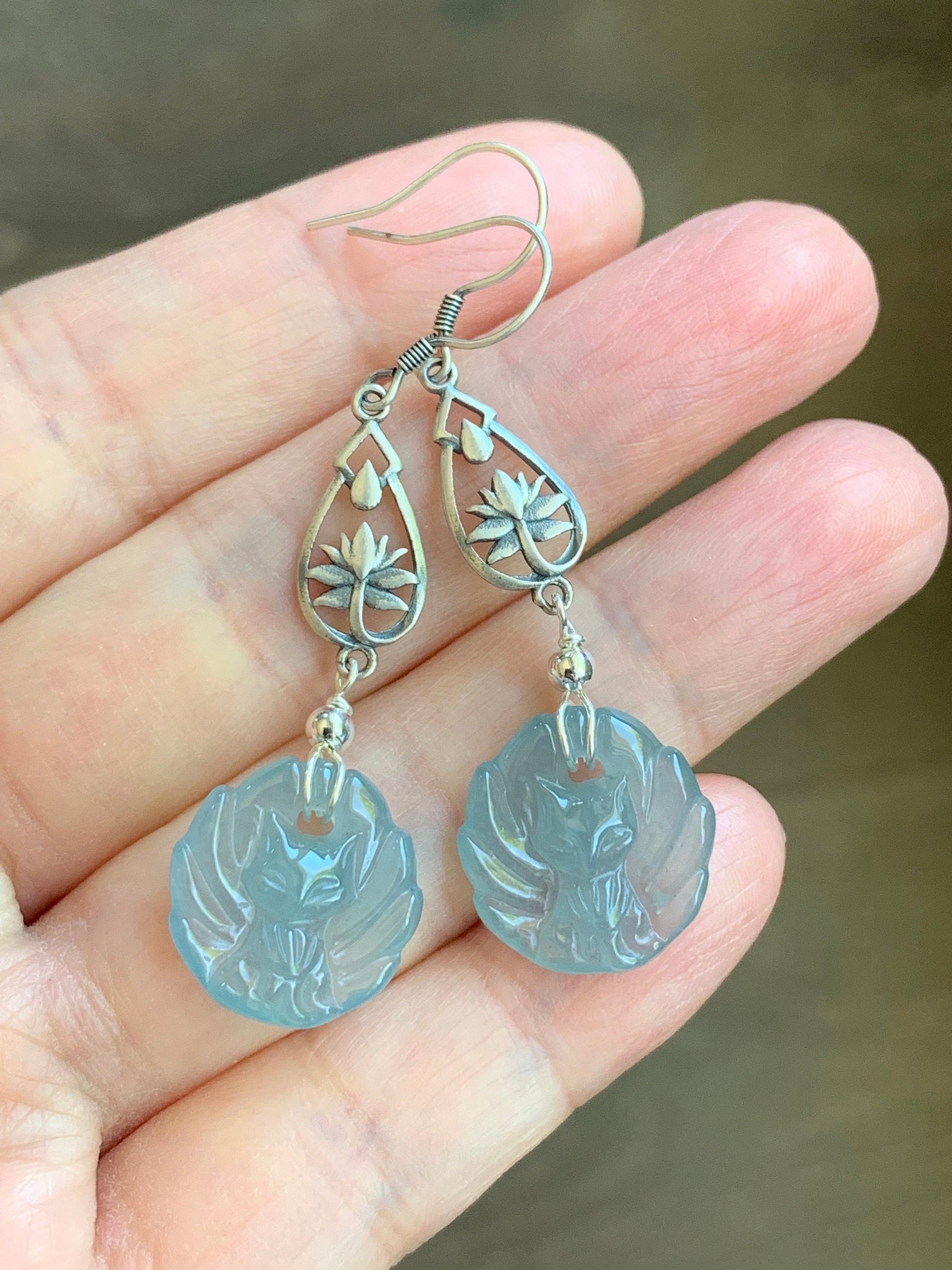 Natural Guatemalan Icy Translucent Gelatinous Light Blue Jadeite Carved Nine-Tailed Fox Dangle Earrings Sterling Silver 天然冰胶危浅蓝翡翠九尾狐银耳钩