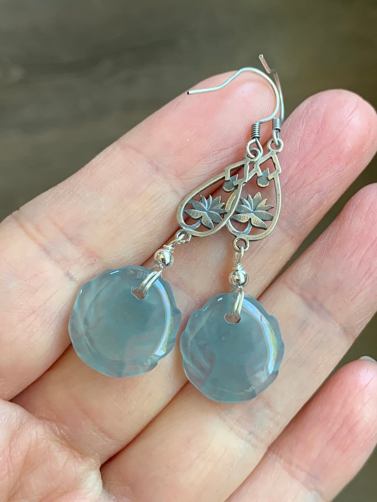 Natural Guatemalan Icy Translucent Gelatinous Light Blue Jadeite Carved Nine-Tailed Fox Dangle Earrings Sterling Silver 天然冰胶危浅蓝翡翠九尾狐银耳钩