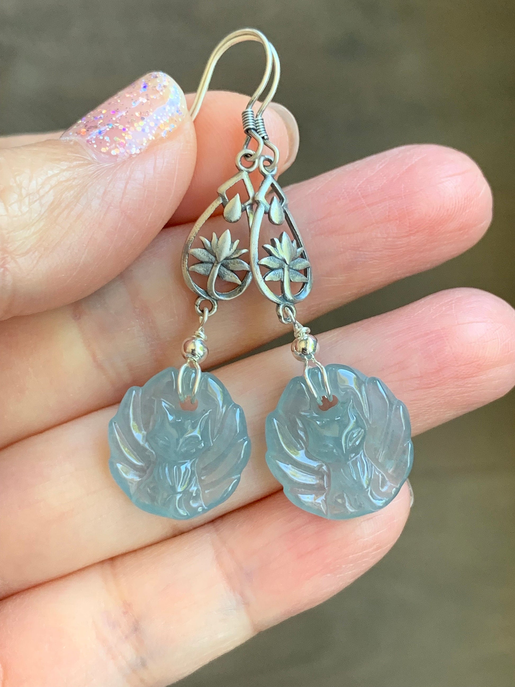 Natural Guatemalan Icy Translucent Gelatinous Light Blue Jadeite Carved Nine-Tailed Fox Dangle Earrings Sterling Silver 天然冰胶危浅蓝翡翠九尾狐银耳钩