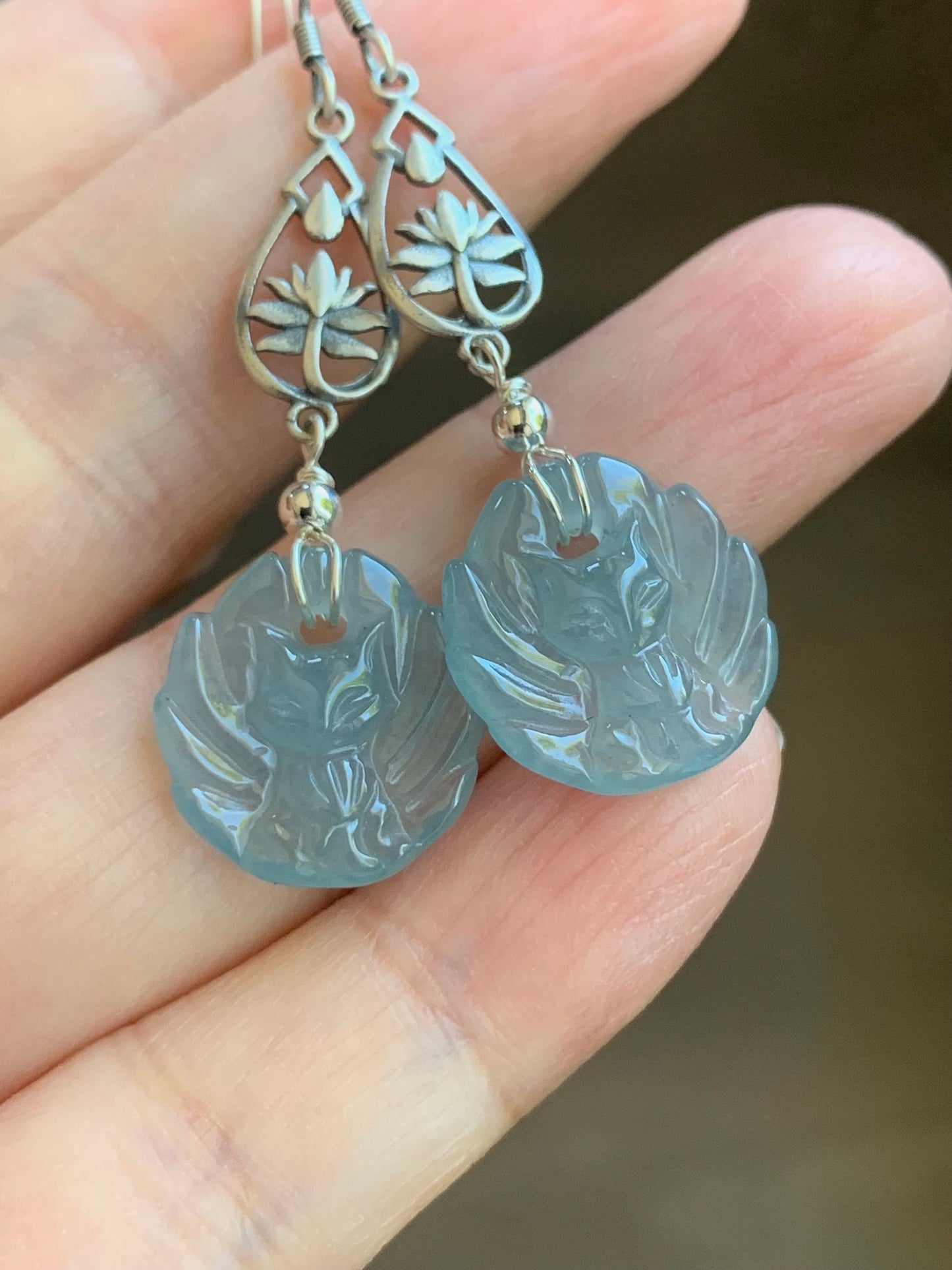 Natural Guatemalan Icy Translucent Gelatinous Light Blue Jadeite Carved Nine-Tailed Fox Dangle Earrings Sterling Silver 天然冰胶危浅蓝翡翠九尾狐银耳钩