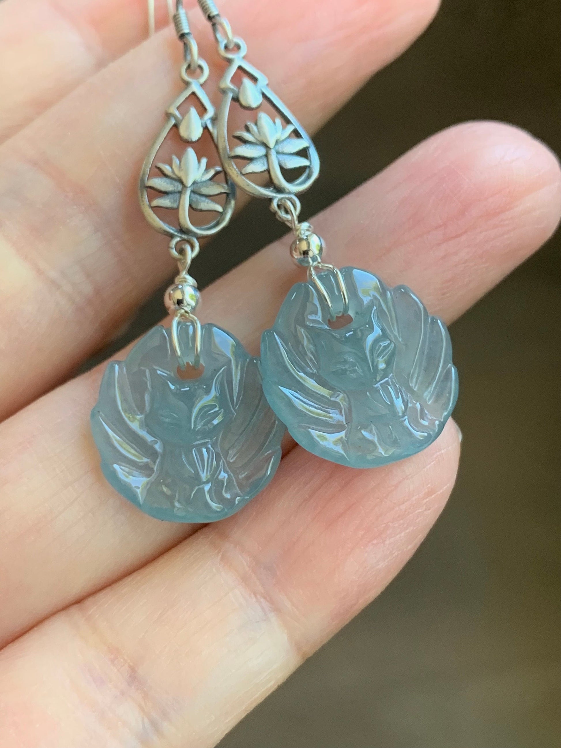 Natural Guatemalan Icy Translucent Gelatinous Light Blue Jadeite Carved Nine-Tailed Fox Dangle Earrings Sterling Silver 天然冰胶危浅蓝翡翠九尾狐银耳钩