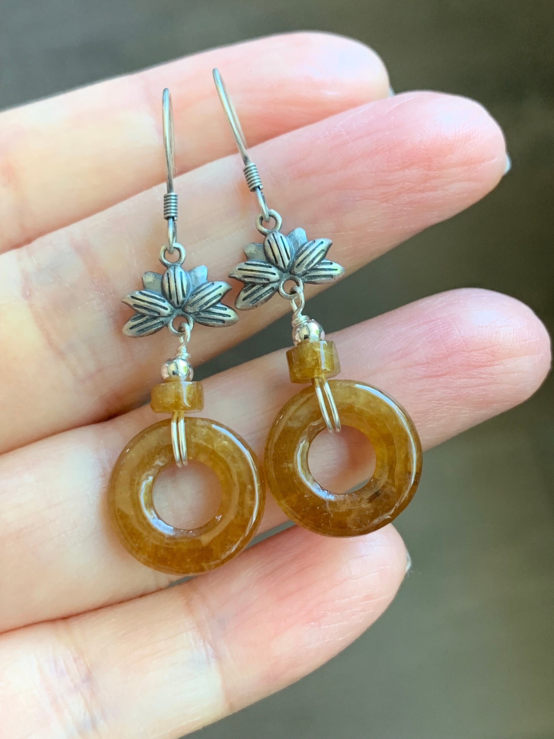 Natural Burmese Icy Highly Translucent Rich Yellow Jadeite Ping An Kou Donut Dangle Earrings S925 Sterling Silver 天然缅甸A货冰透鸡油黄翡翠平安扣银耳吊