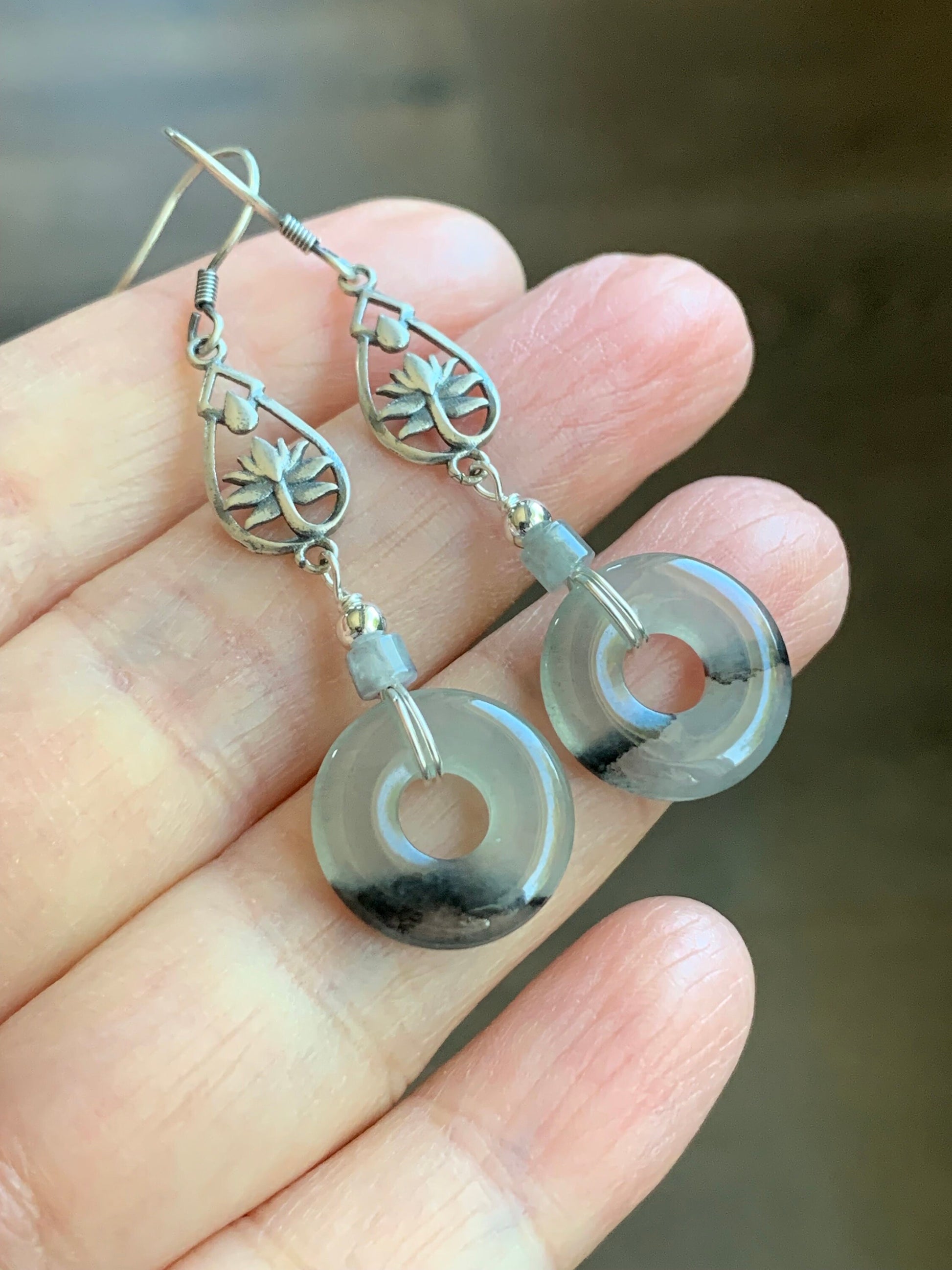 Natural Burmese Icy Highly Translucent Gelatinous Wuji Jadeite Ping An Kou Donut Dangle Earrings S925 Sterling Silver 天然缅甸A货冰胶乌鸡翡翠平安扣银耳吊