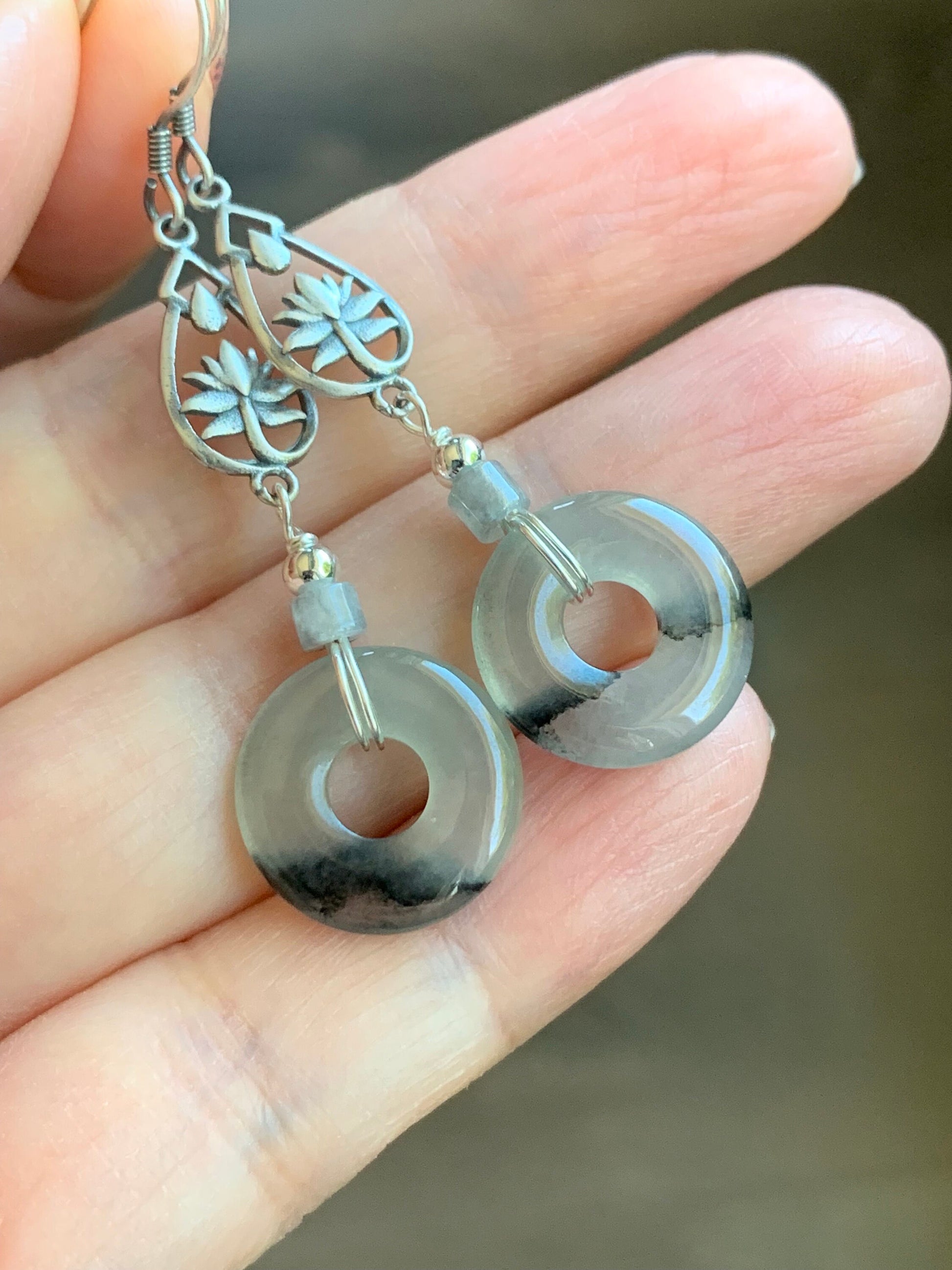 Natural Burmese Icy Highly Translucent Gelatinous Wuji Jadeite Ping An Kou Donut Dangle Earrings S925 Sterling Silver 天然缅甸A货冰胶乌鸡翡翠平安扣银耳吊