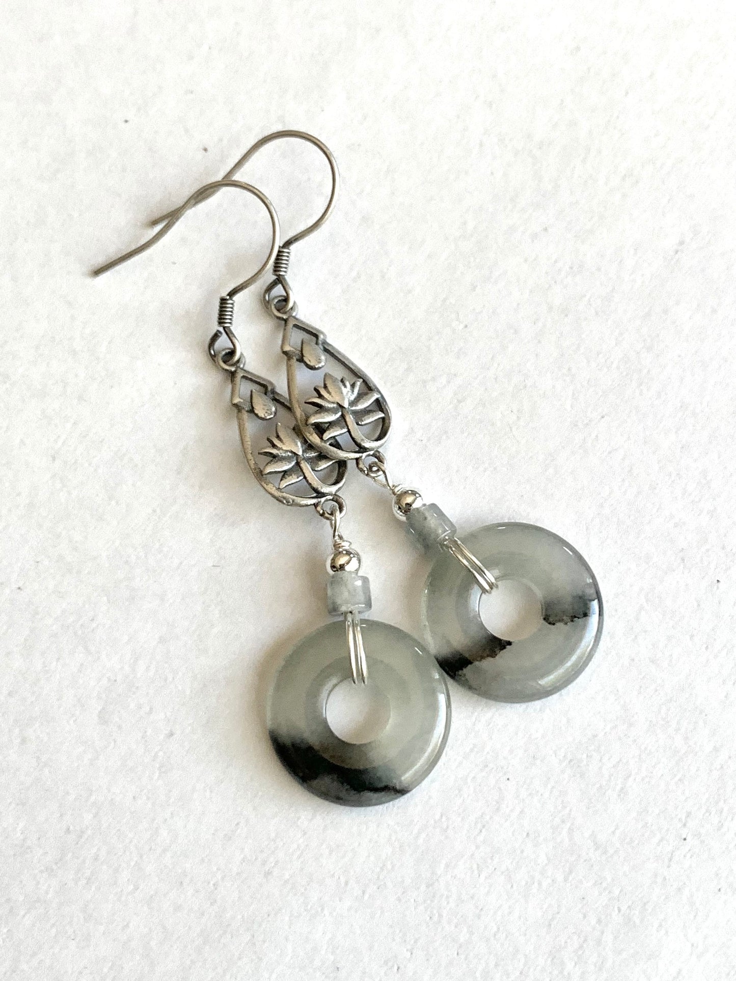 Natural Burmese Icy Highly Translucent Gelatinous Wuji Jadeite Ping An Kou Donut Dangle Earrings S925 Sterling Silver 天然缅甸A货冰胶乌鸡翡翠平安扣银耳吊