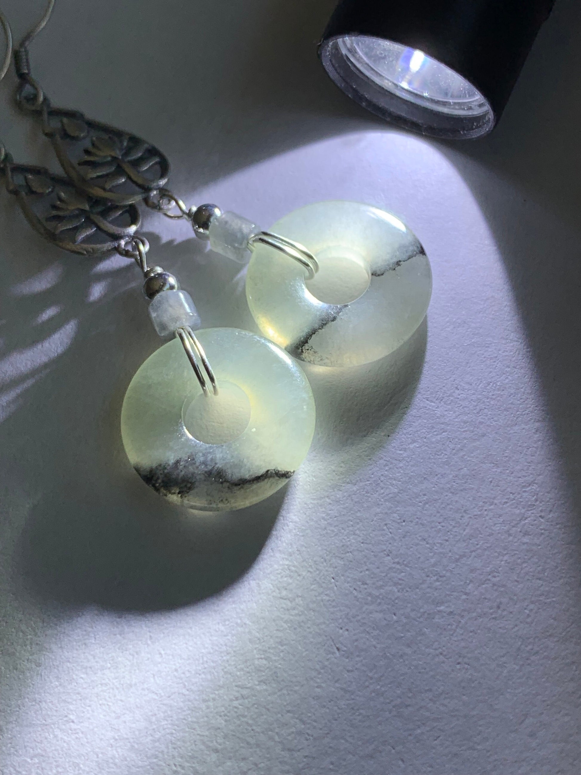 Natural Burmese Icy Highly Translucent Gelatinous Wuji Jadeite Ping An Kou Donut Dangle Earrings S925 Sterling Silver 天然缅甸A货冰胶乌鸡翡翠平安扣银耳吊