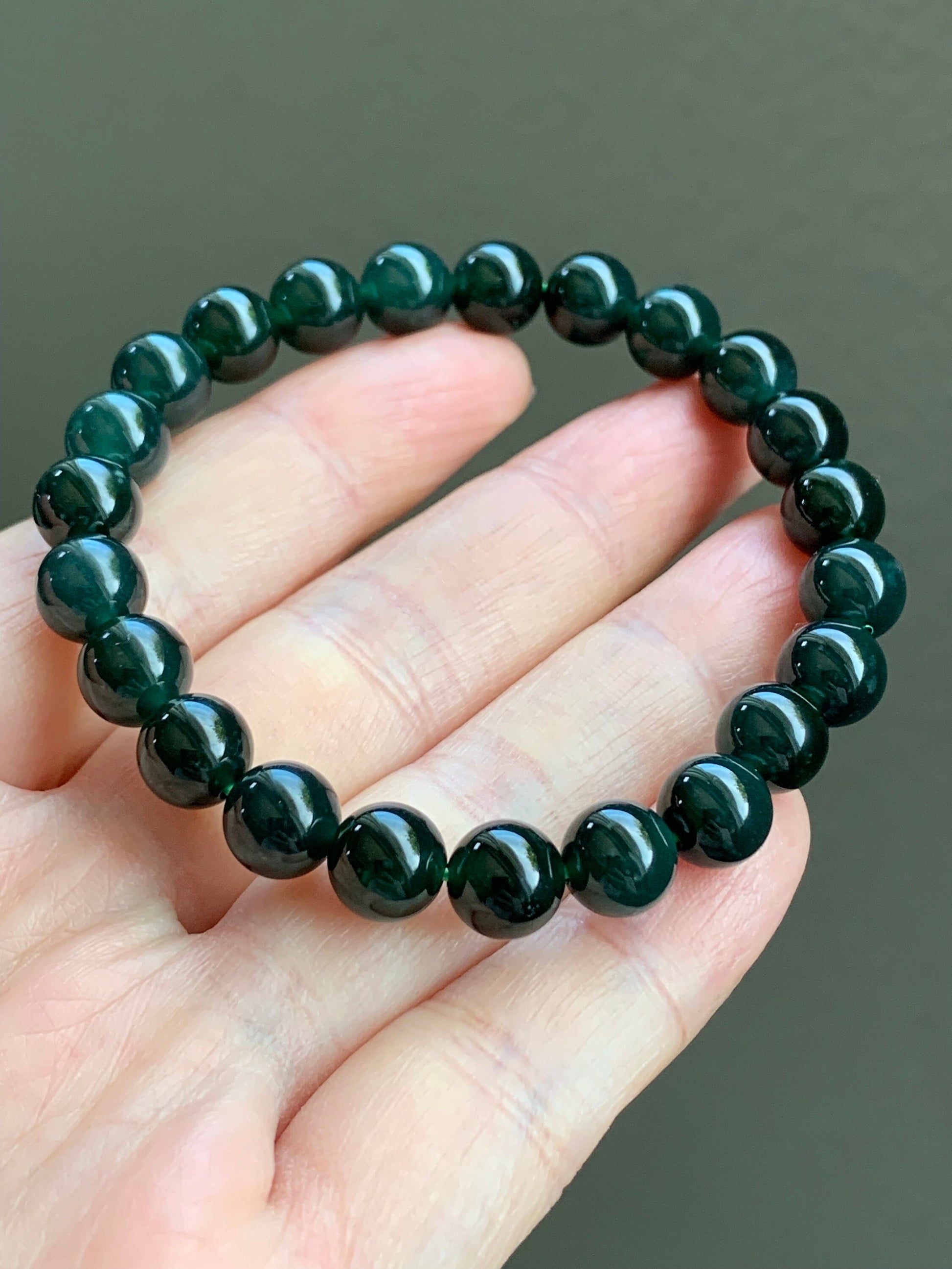 Natural Guatemalan Icy Translucent Gelatinous Dark Teal Green Jadeite Beaded Bracelet 7.9mm 6.5” 20g 天然老种冰胶危湖水绿翡翠手串 HSL36