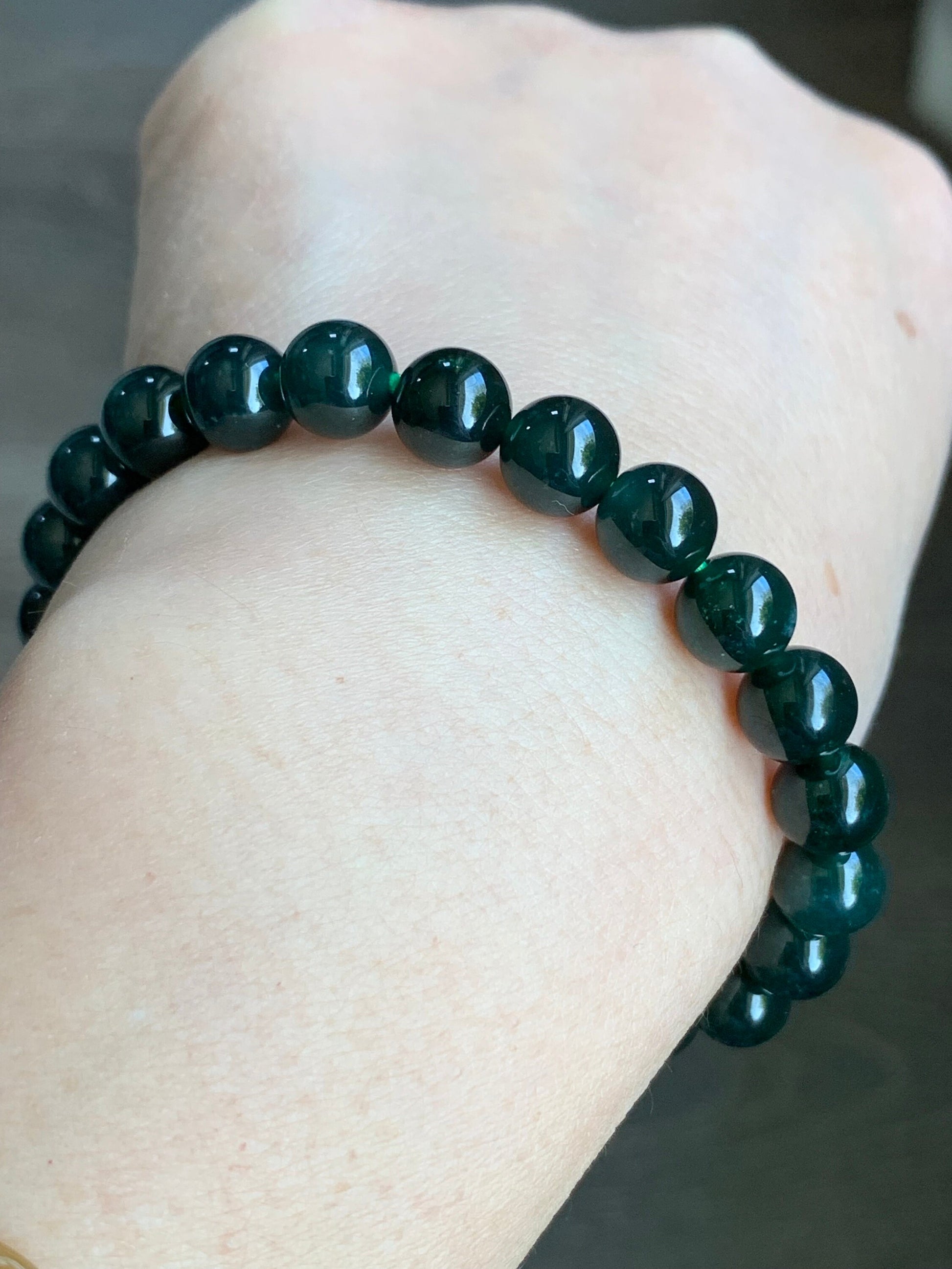 Natural Guatemalan Icy Translucent Gelatinous Dark Teal Green Jadeite Beaded Bracelet 7.9mm 6.5” 20g 天然老种冰胶危湖水绿翡翠手串 HSL36