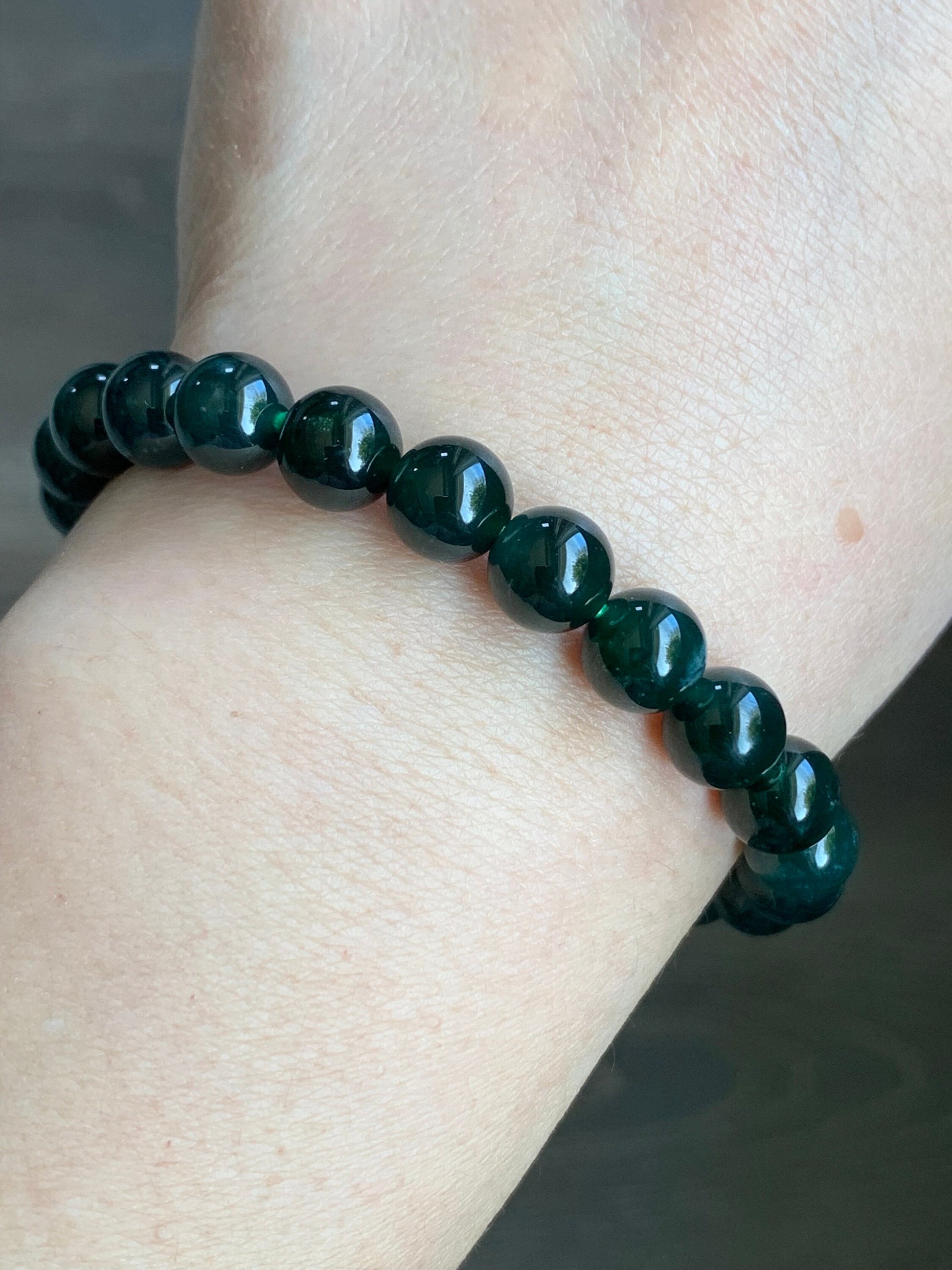 Natural Guatemalan Icy Translucent Gelatinous Dark Teal Green Jadeite Beaded Bracelet 7.9mm 6.5” 20g 天然老种冰胶危湖水绿翡翠手串 HSL36