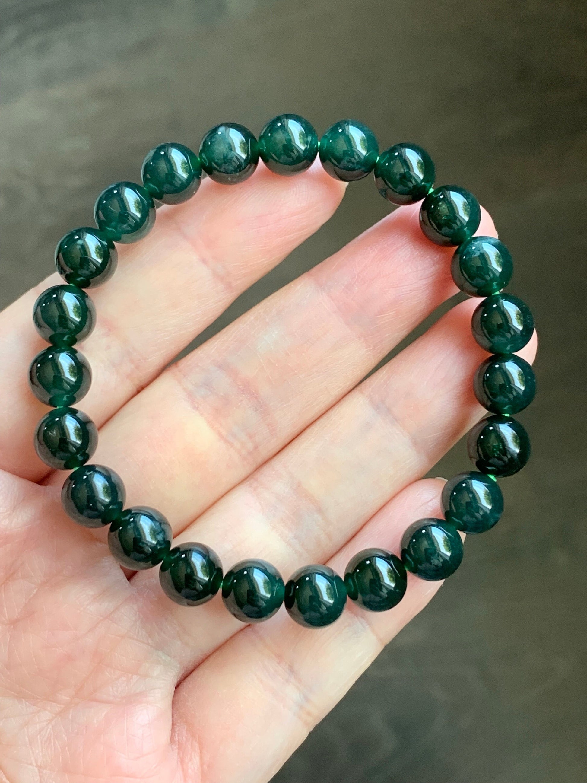 Natural Guatemalan Icy Translucent Gelatinous Dark Teal Green Jadeite Beaded Bracelet 7.9mm 6.5” 20g 天然老种冰胶危湖水绿翡翠手串 HSL36
