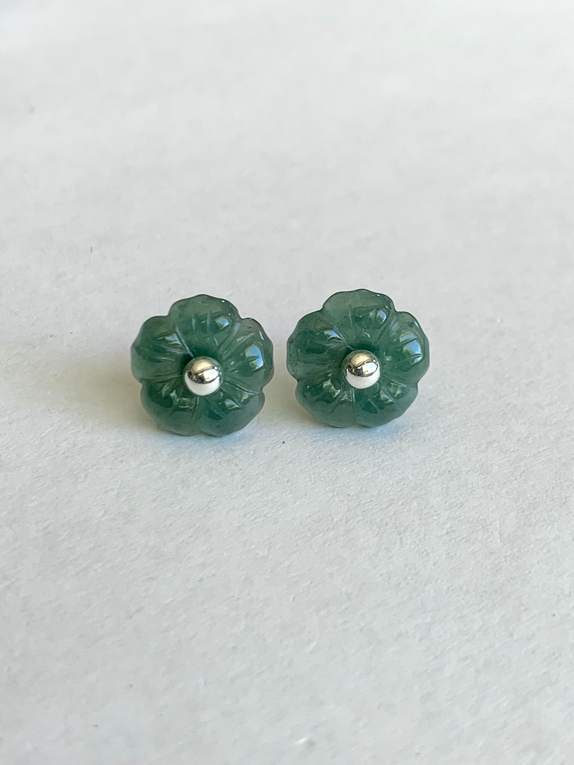 Natural Guatemalan Icy Translucent Gelatinous Deep Teal Green Jadeite Hibiscus Flower Stud Earrings Sterling Silver 天然冰危湖水绿翡翠朱槿花银耳钉 A