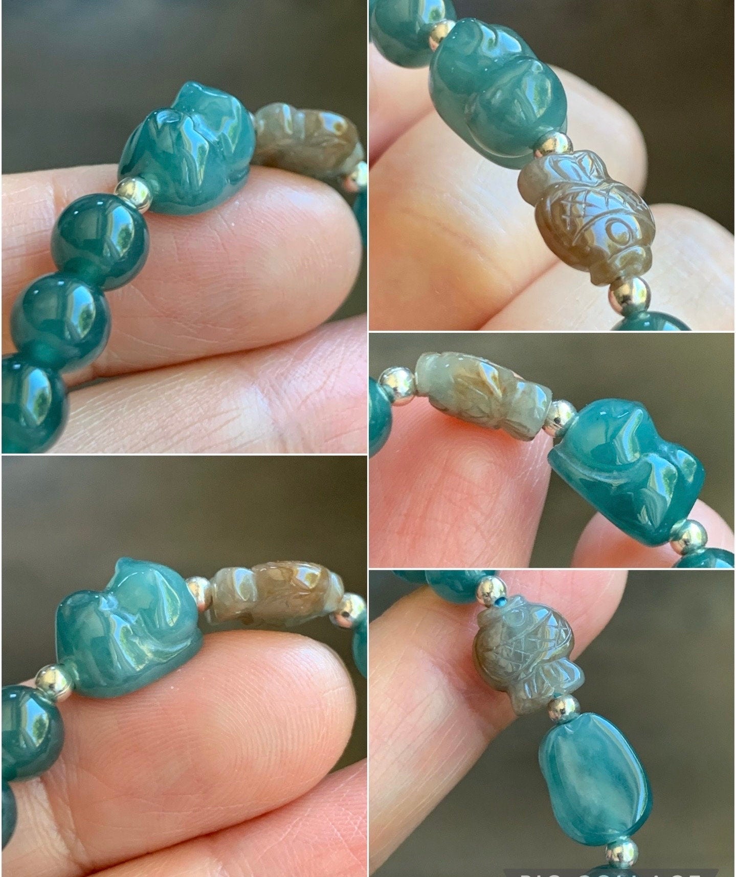 Natural Burmese Icy Translucent Red Marbled Jadeite Fish Guatemalan Teal Blue Cat Charm Beaded Bracelet 6.7mm 6.75” 天然缅甸冰飘红翡翠冰危蓝猫吃鱼手串