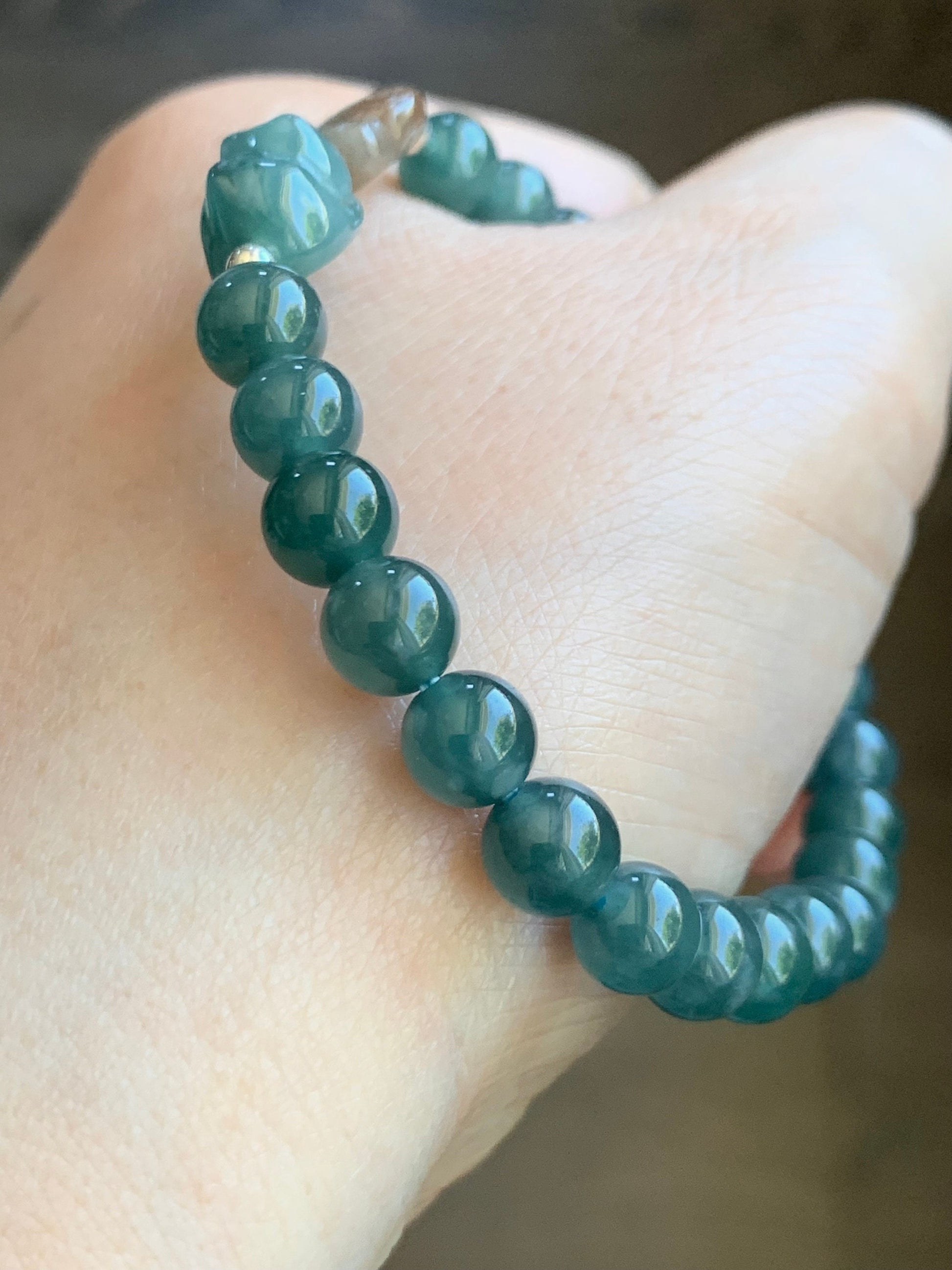 Natural Burmese Icy Translucent Red Marbled Jadeite Fish Guatemalan Teal Blue Cat Charm Beaded Bracelet 6.7mm 6.75” 天然缅甸冰飘红翡翠冰危蓝猫吃鱼手串