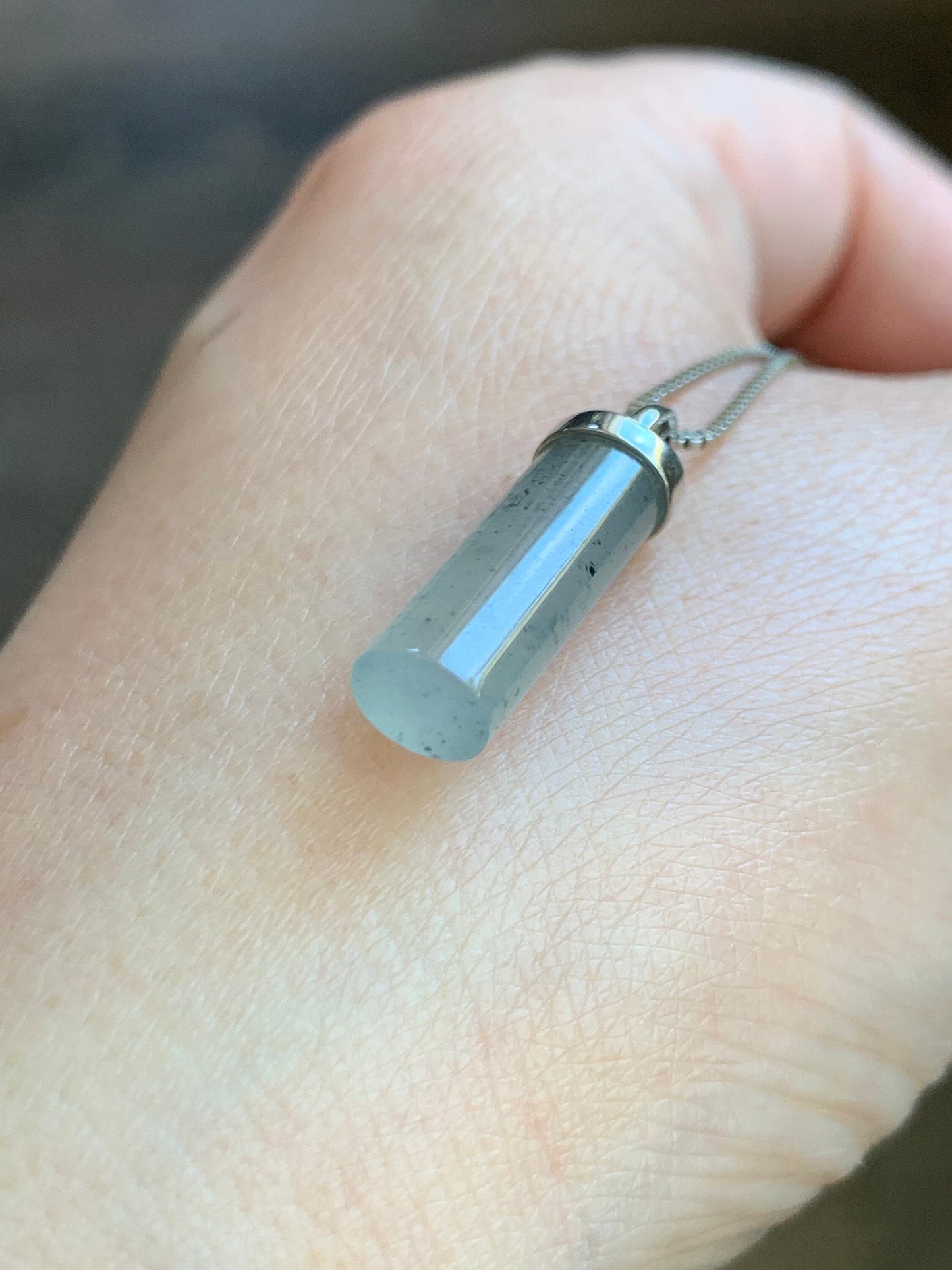 Certified Natural Burmese Icy Translucent Gelatinous Light Wuji Jadeite Cylinder Pendant 18K White Gold Bail 2.41g 天然缅甸冰乌鸡翡翠椭圆圆柱镶嵌吊坠 7036