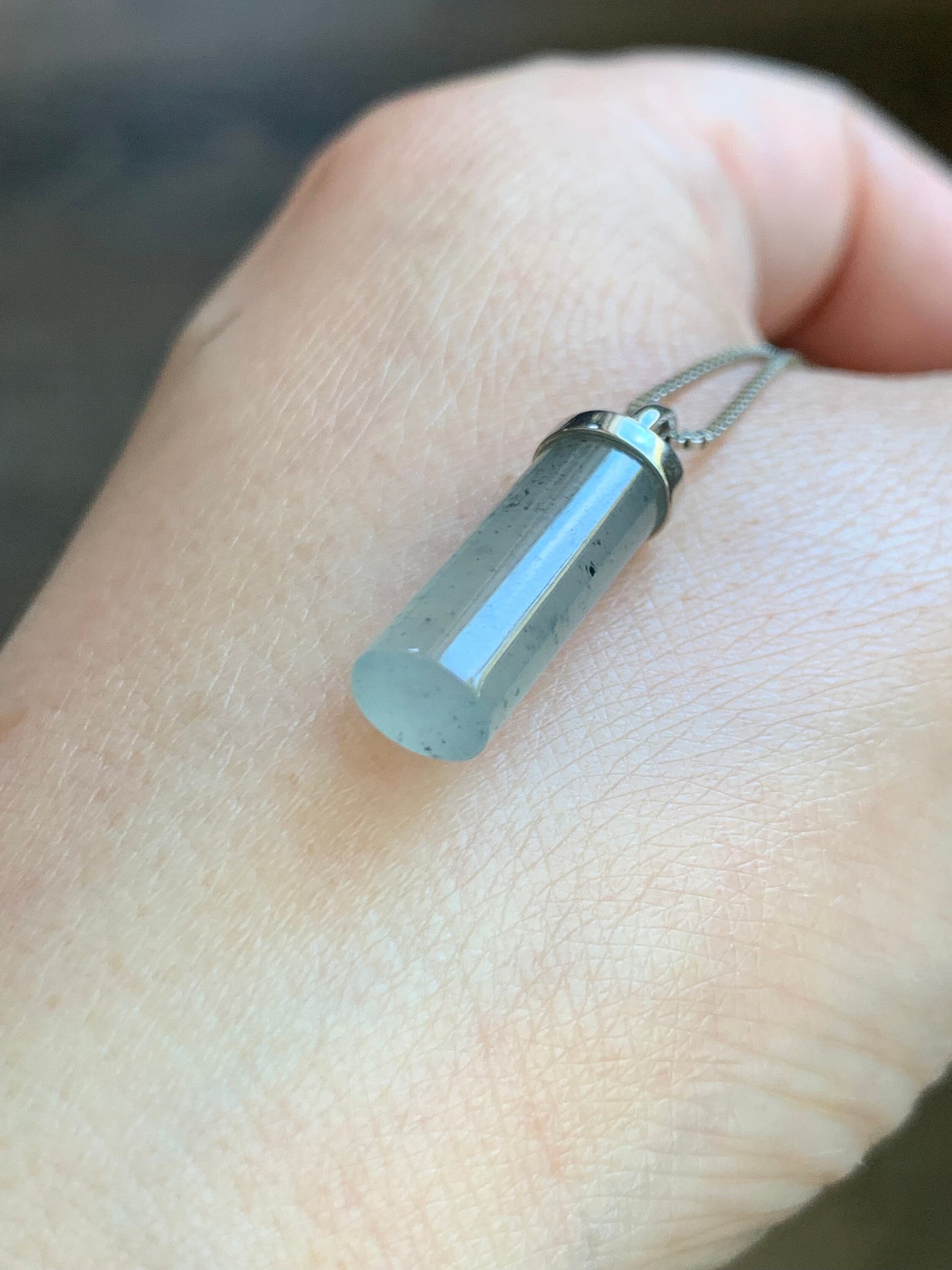 Certified Natural Burmese Icy Translucent Gelatinous Light Wuji Jadeite Cylinder Pendant 18K White Gold Bail 2.41g 天然缅甸冰乌鸡翡翠椭圆圆柱镶嵌吊坠 7036