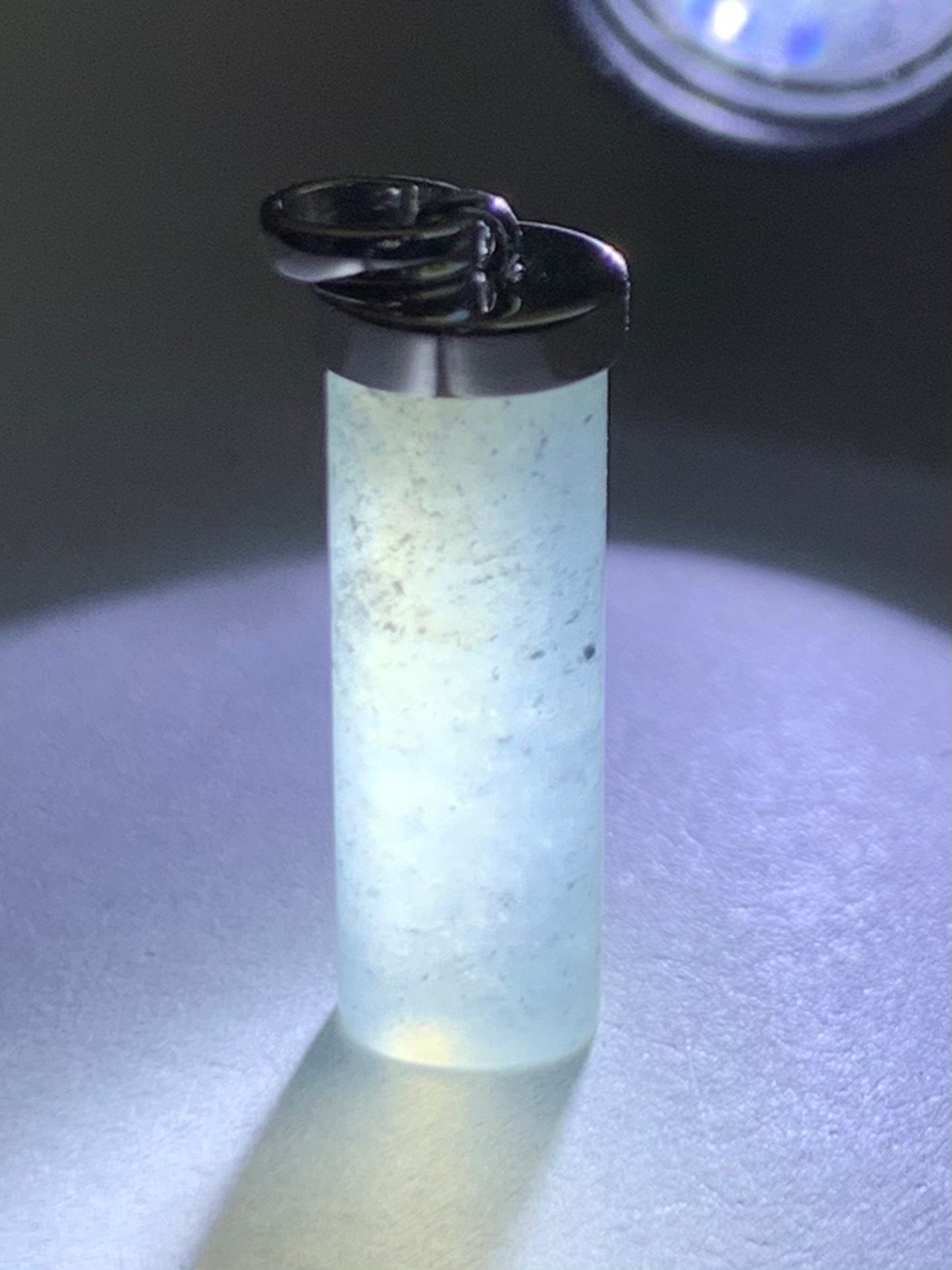 Certified Natural Burmese Icy Translucent Gelatinous Light Wuji Jadeite Cylinder Pendant 18K White Gold Bail 2.41g 天然缅甸冰乌鸡翡翠椭圆圆柱镶嵌吊坠 7036