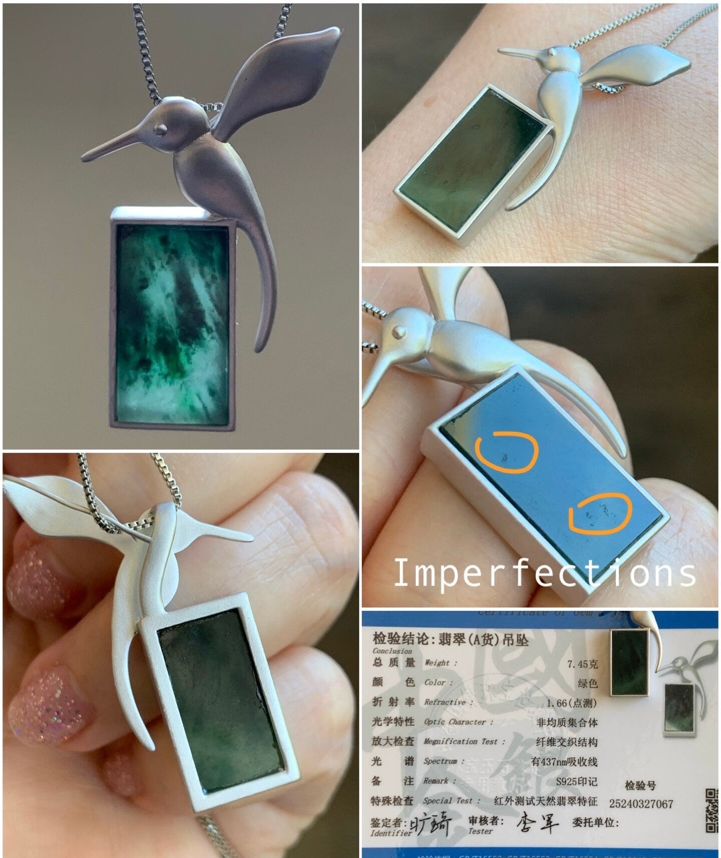 Certified Natural Burmese Icy Highly Translucent Dark Green Marbled Jadeite Hummingbird Pendant Sterling Silver 7.45g 天然缅甸冰飘花翡翠无事牌蜂鸟吊坠 7067