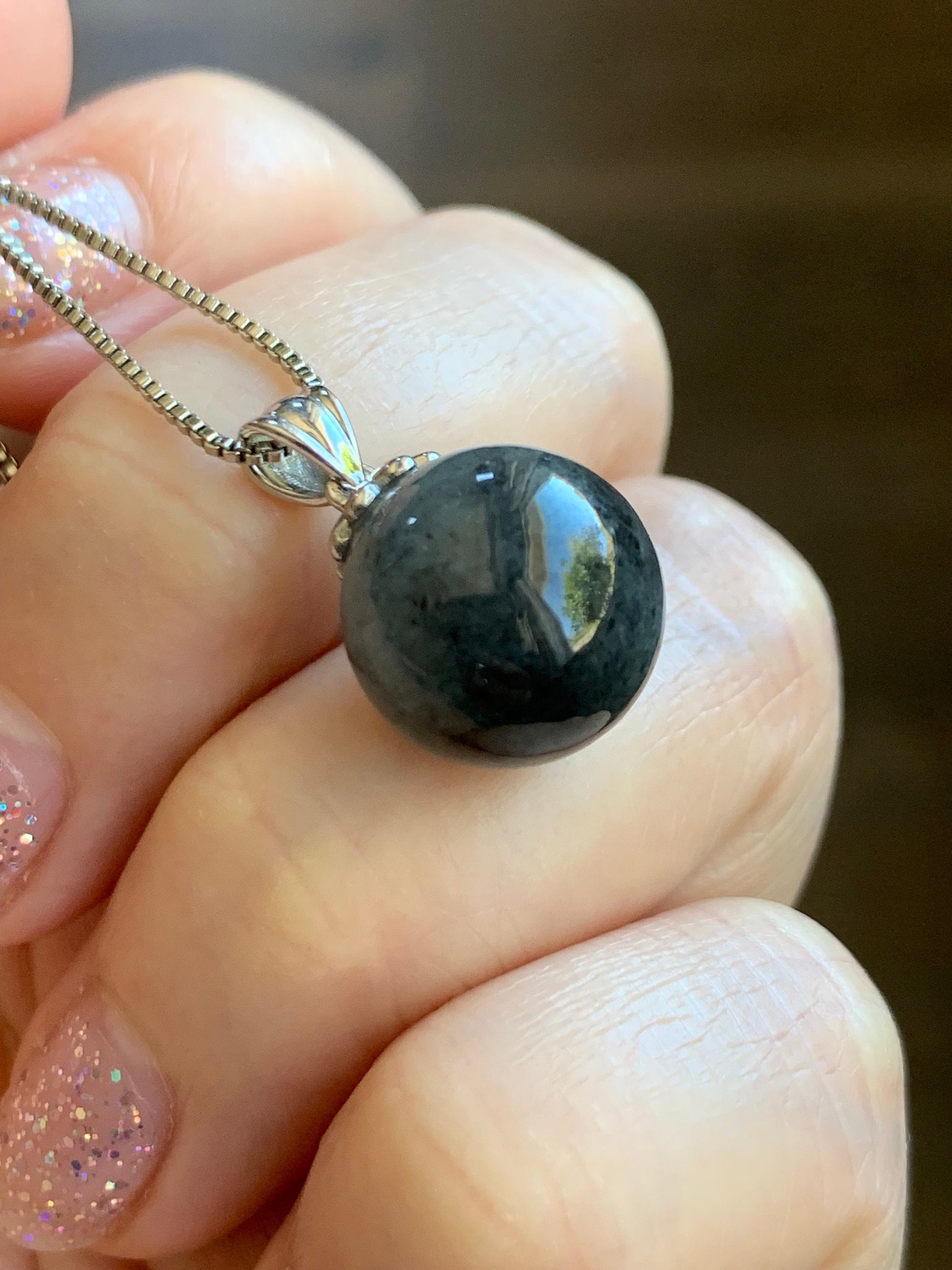 Certified Natural Burmese Grade A Icy Translucent Gelatinous Dark Wuji Jadeite Sphere Bead Pendant 18K White Gold Bail 天然缅甸冰胶翡翠单珠镶嵌吊坠 7048
